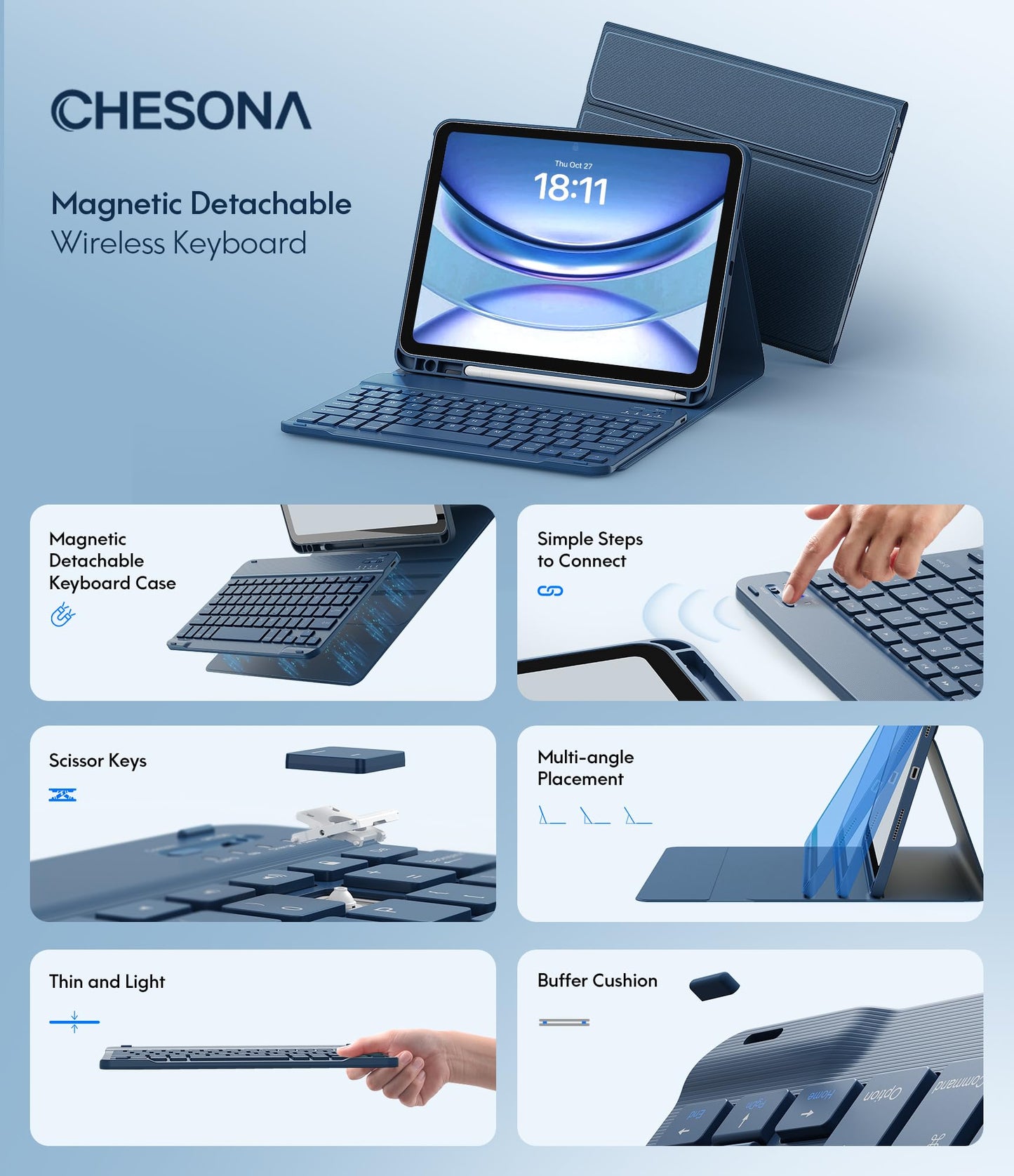 CHESONA Keyboard Case for iPad (A16) 11th/10th Generation 10.9-inch (2025/2022), Detachable Wireless Keyboard, Stand Folio Keyboard Cover with Pencil Holder, Thin & Light (Steel Blue)