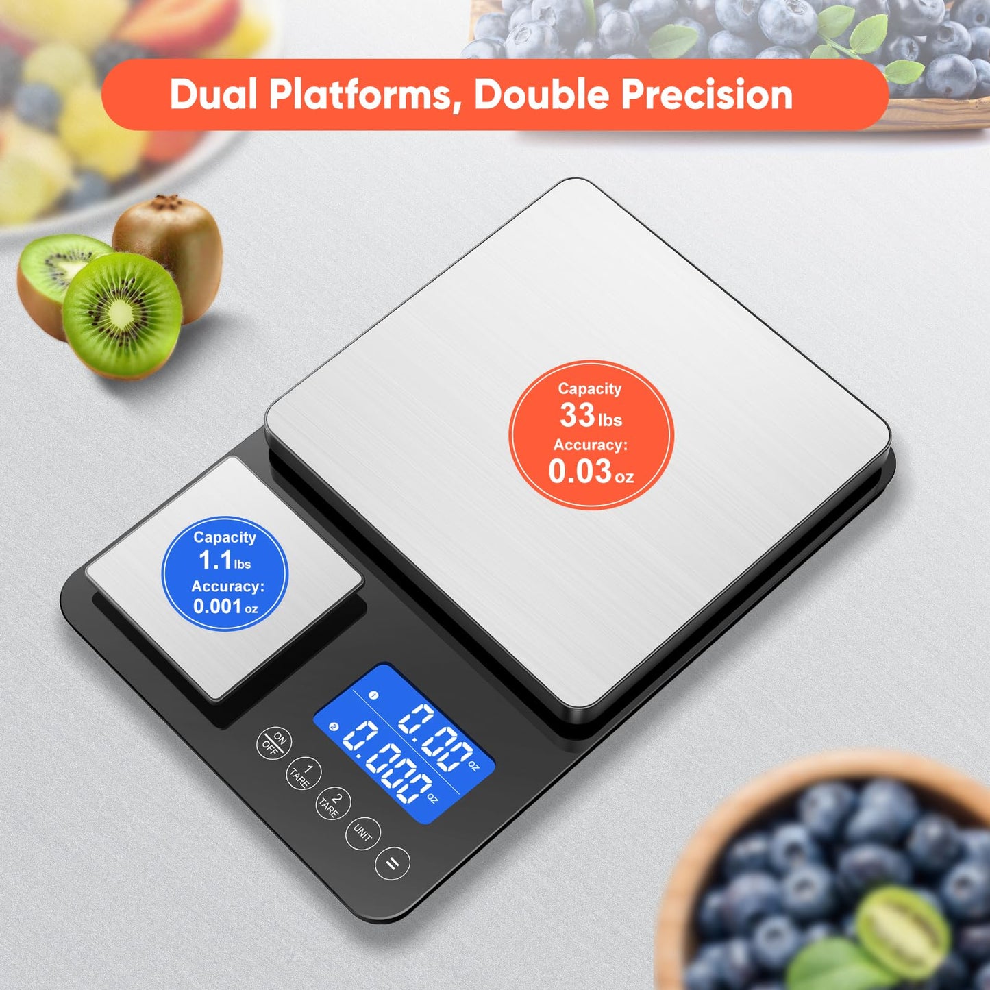 KUAIVO Dual Platform Digital Kitchen Scale, Two Scales in One, 33lb/15kg & 0.001oz/0.01g Precision, Coffee & Food Scale, Dual Display, Stainless Steel, Tare, g/oz/lb/ml
