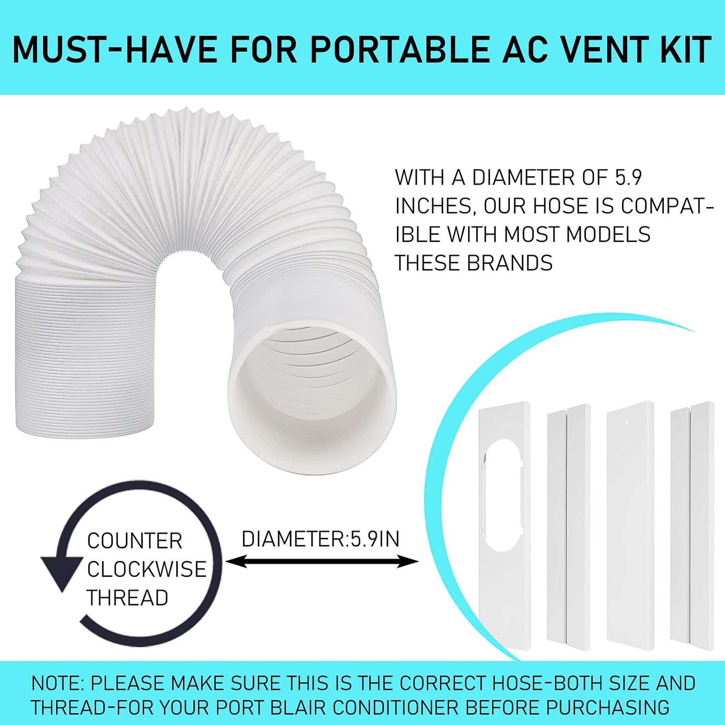 Portable AC Window Vent Kit, 5.9" Exhaust Hose & Universal Coupler & Accessories, Seamless Air Conditioner Replacement Seal Plate, Adjustable Window Seal Kit for Vertical Horizontal Sliding Window