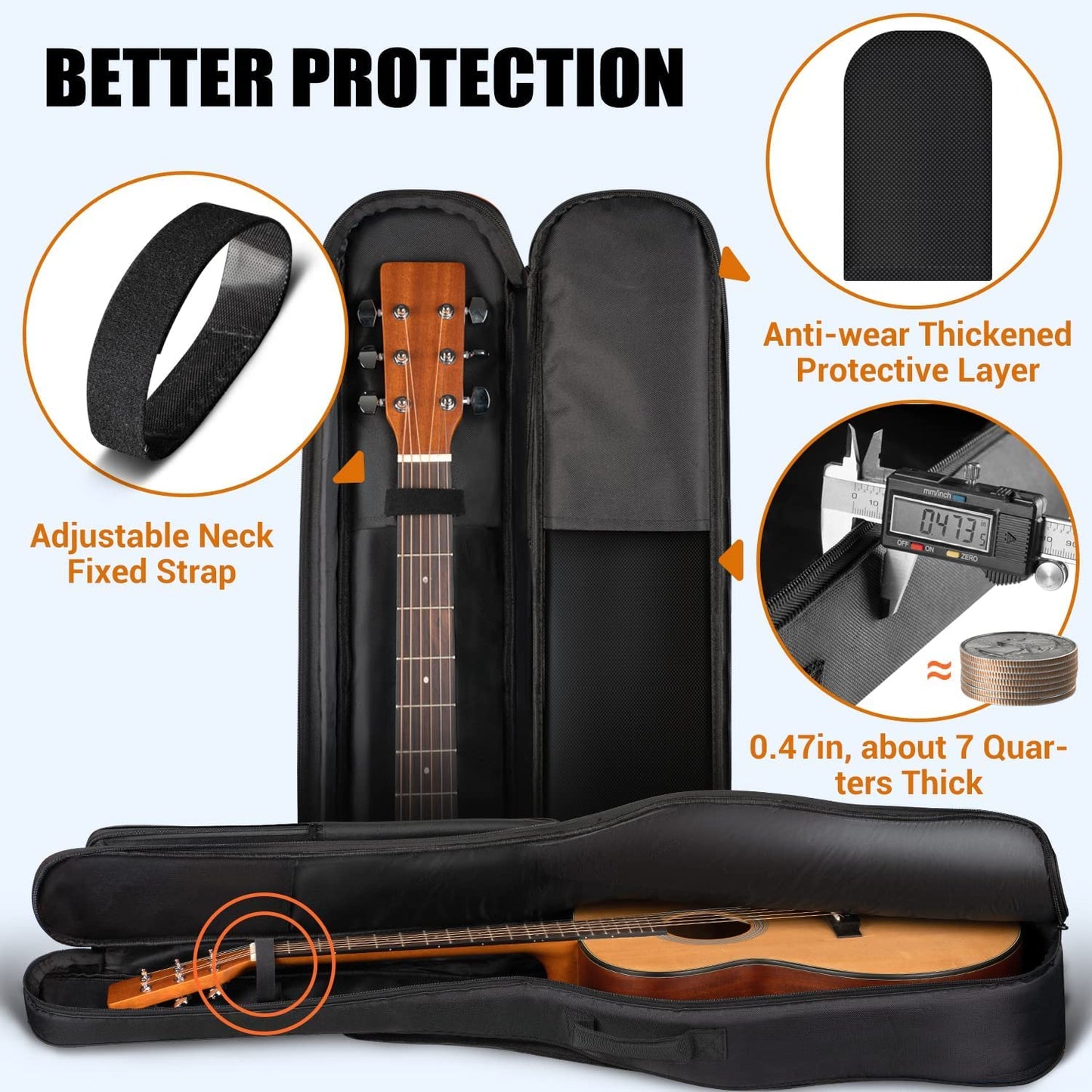 CAHAYA 44 Inch Guitar Bag Multi-Pockets for Jumbo and Dreadnought Yellow Line Guitar Case 0.47in Thick Padding Waterproof Dual Adjustable Shoulder Strap Gig Bag with Back Hanger Loop CY0284
