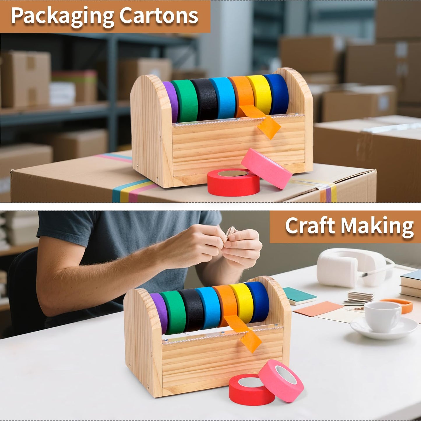 Kids Masking Tape Dispenser, Wooden Multi Roll Craft Tape Dispenser, Washi Tape Holder Organizer, Cutter for Gift Wrapping, Gift for Children Office Home School, Acrylic Serrated Cutter