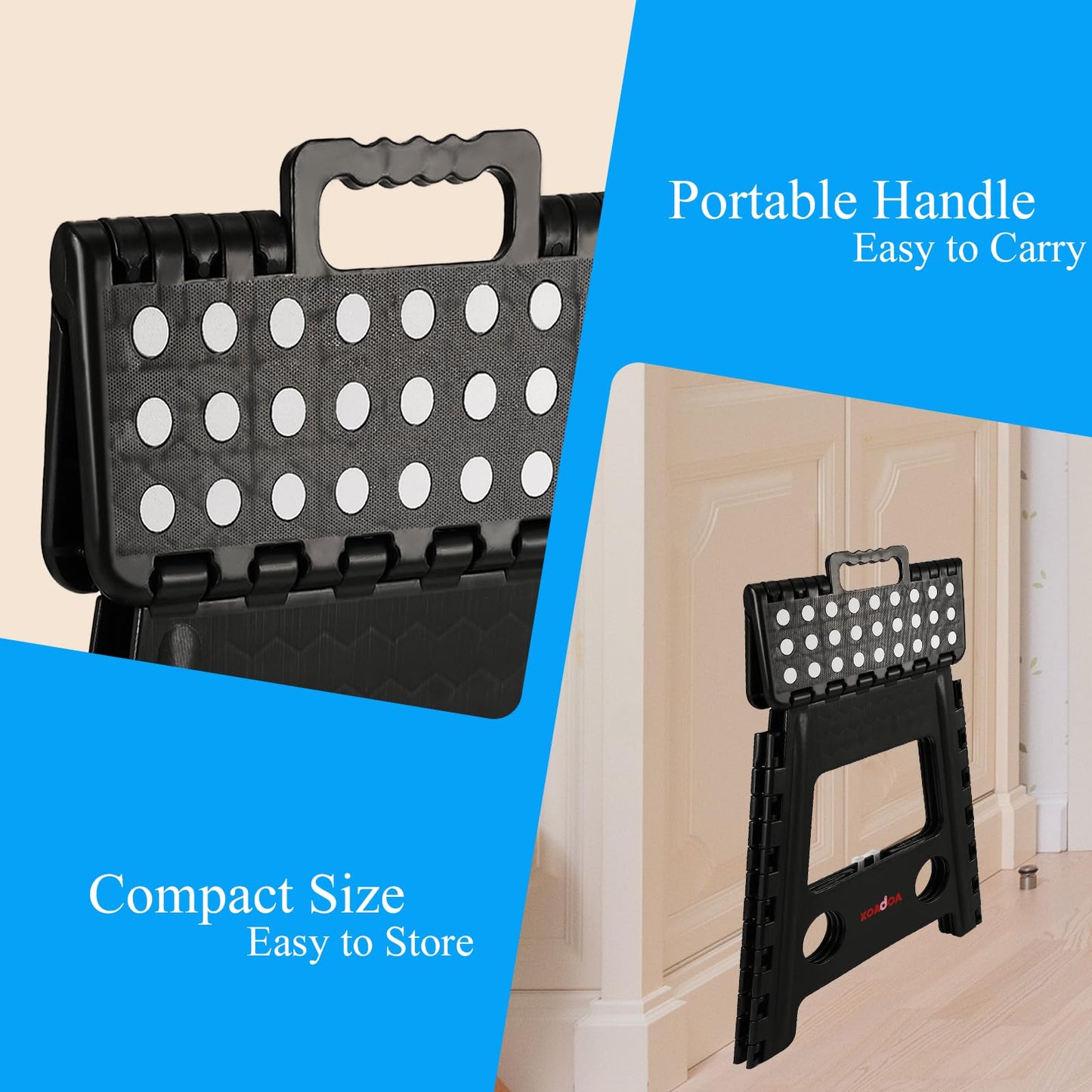 KOADOA Step Stool - Hold Up to 330 lbs, 16 Inch Foldable Foot Stool for Kids Adults, Heavy Duty Plastic Step Stool with Anti-Slip Surface, Carry Handle for Home Indoor Outdoor (Black)