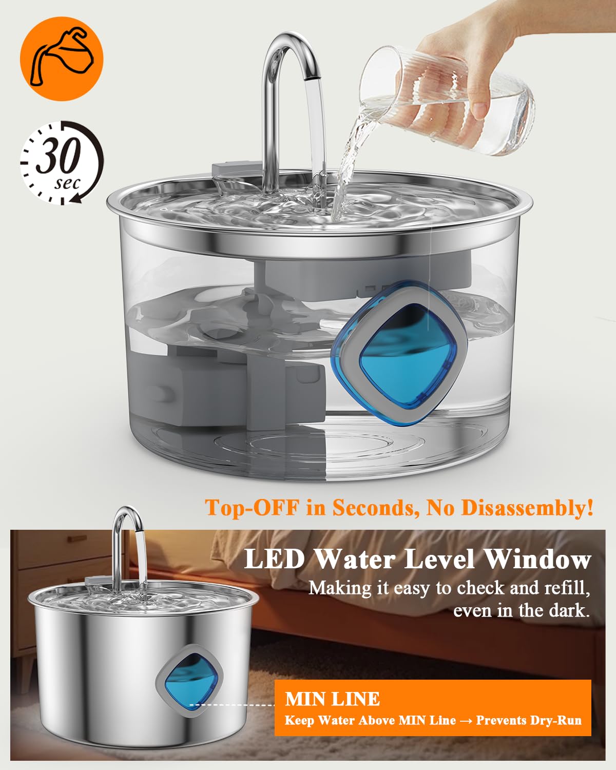 Cat Water Fountain Stainless Steel with 8 Filters Kit, 3.2L/108oz Automatic Pet Drinking Dispenser with Faucet & Flower Mode, Quiet Electric Metal Water Bowl for Indoor Cats S/M Dogs Pets