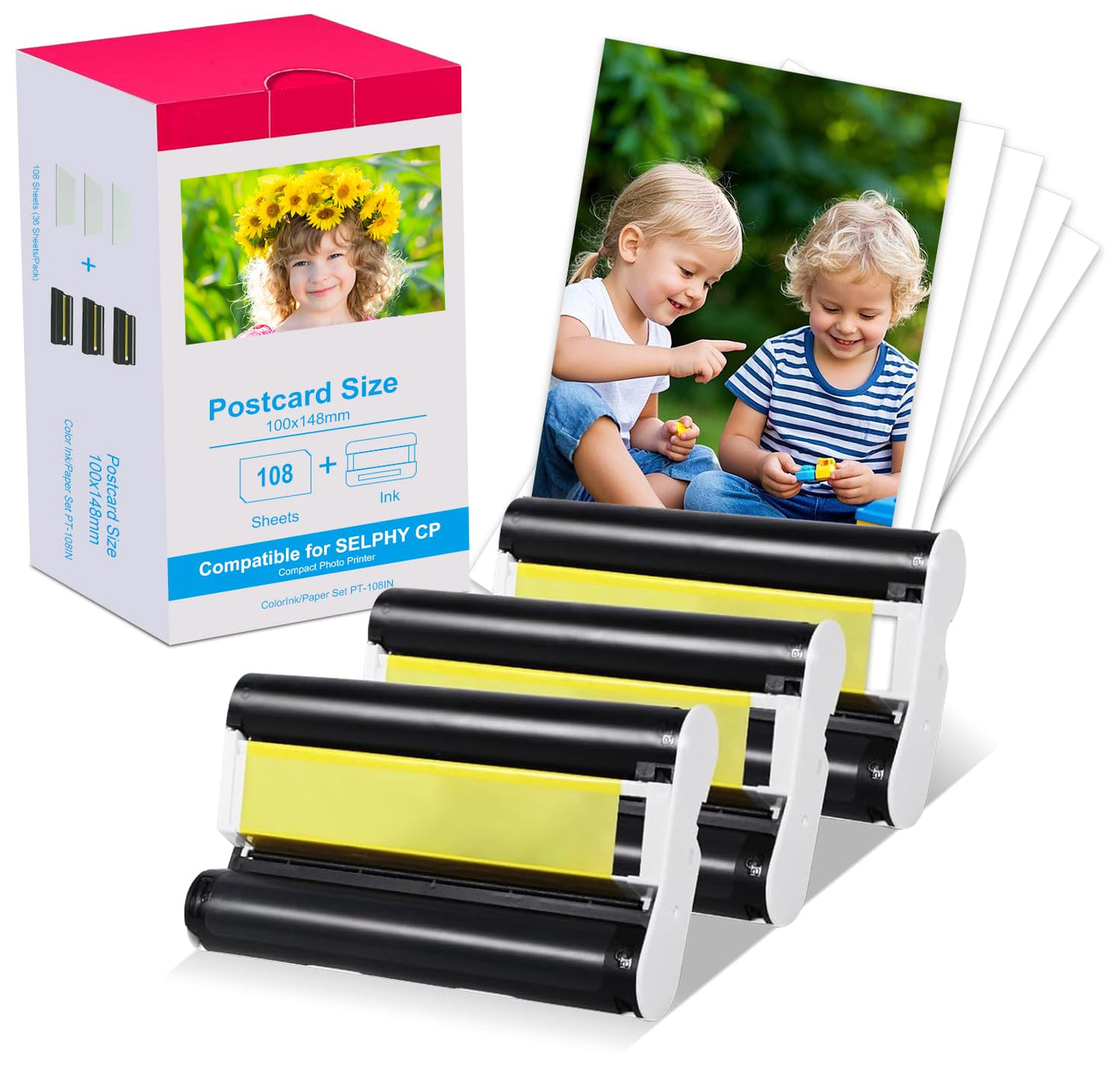 Compatible for Canon Selphy CP1500 CP1300 Ink and Paper, KP-108IN KP108 3 Color Ink Cartridges and 108 Sheets 4 x 6 Paper Glossy, for Canon Selphy CP1500 CP1300 CP1200 CP1000 CP910 CP900 CP800