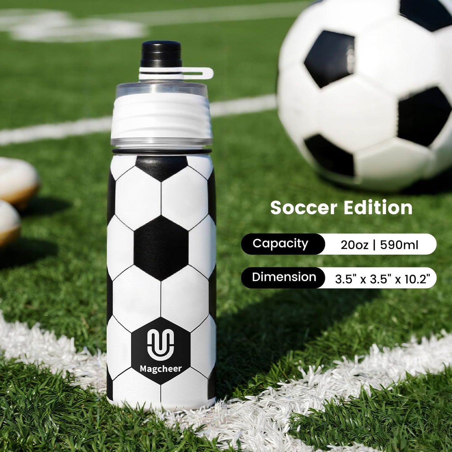 Magcheer 20oz Insulated Misting Water Bottle - 3D Textured Soccer Leak-Proof Cooling Sprayer for Training & Games