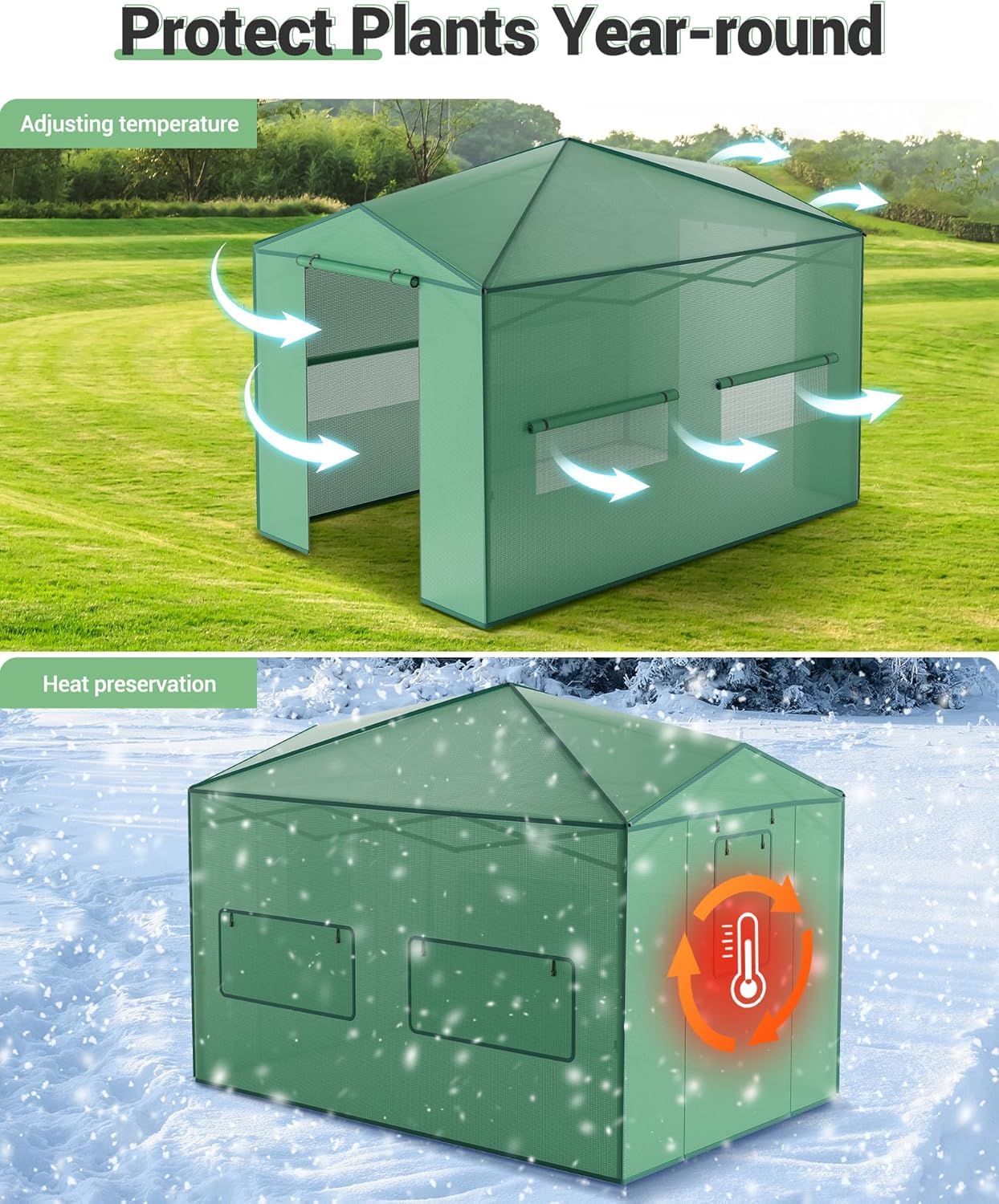 8x12FT Instant Pop-Up Walk-in Greenhouse, Plant Hot House with Galvanized Steel Frame, Green PE Cover, Roll-Up Zipper Door, Portable Large Plant Tent with Ground Pegs & Ropes for Stability