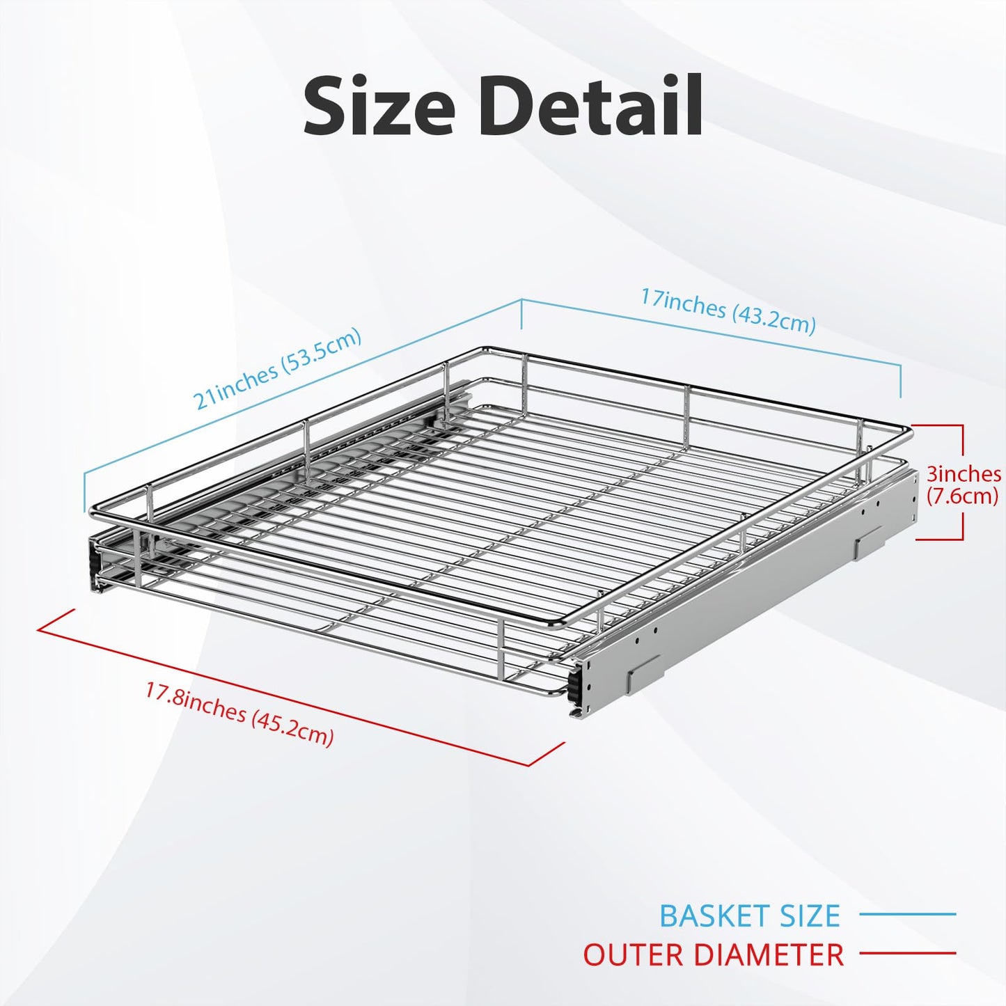 Pull Out Cabinet Organizer, Versatile Slide Out Kitchen Organizers and Storage, Heavy Duty Drawer Cupboard Storage Basket, Smooth Sliding, Chrome Finish (Outside Dimensions: 17.8”W x 21”D)