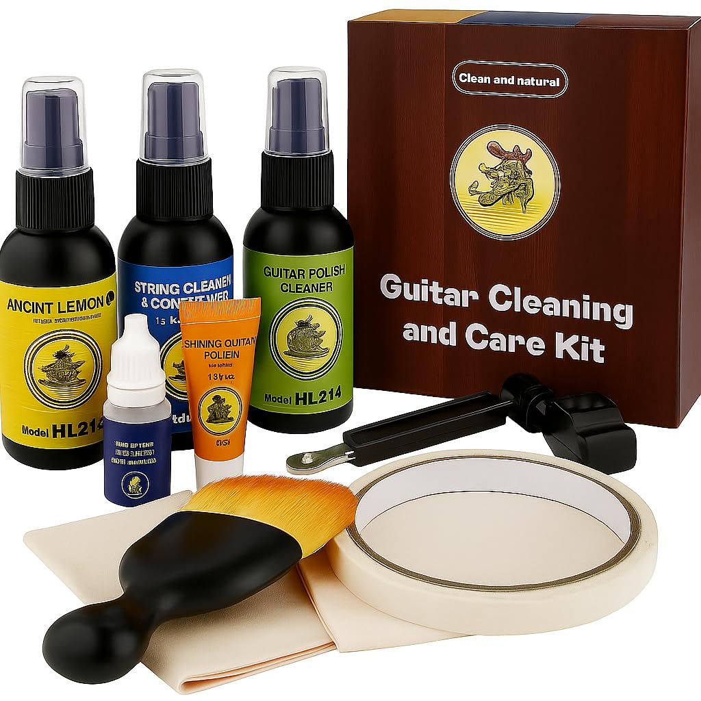 9Pcs Guitar Cleaning Care Maintenance Kit with String Cleaner, Polish, Fretboard Lemon Oil, Anti-Rust, String Winder, Cleaning Cloth | Guitar & Bass Tools Accessories | Musician Gift for Guitar Player