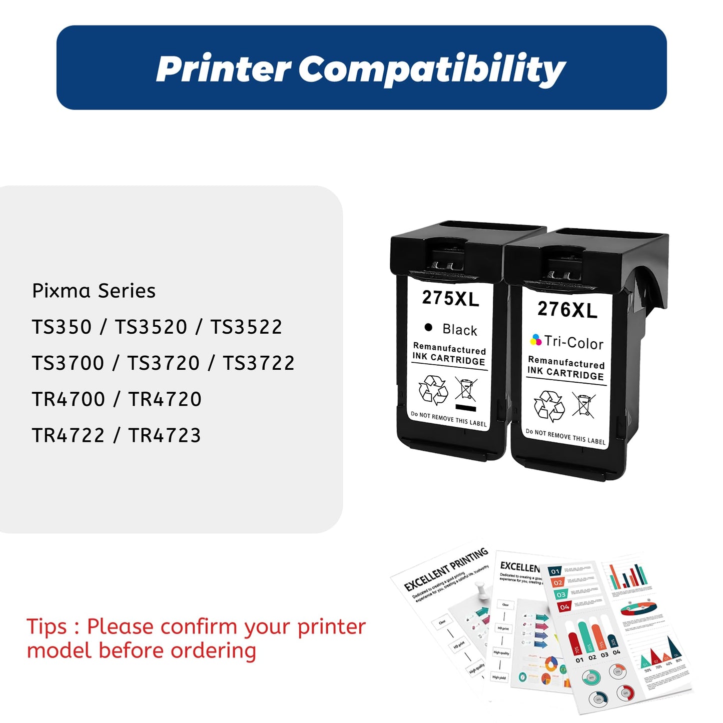 PG-275XL CL-276XL ink cartridge,Compatible for Canon 275 and 276 Ink Cartridge PG 275 CL 276 XL for Canon Pixma TS3722 TR4720 TS3700 TR4700 TS3522 TR4722 TS3500 TS3720 TS3700 TS3520 TR4723,Black Color