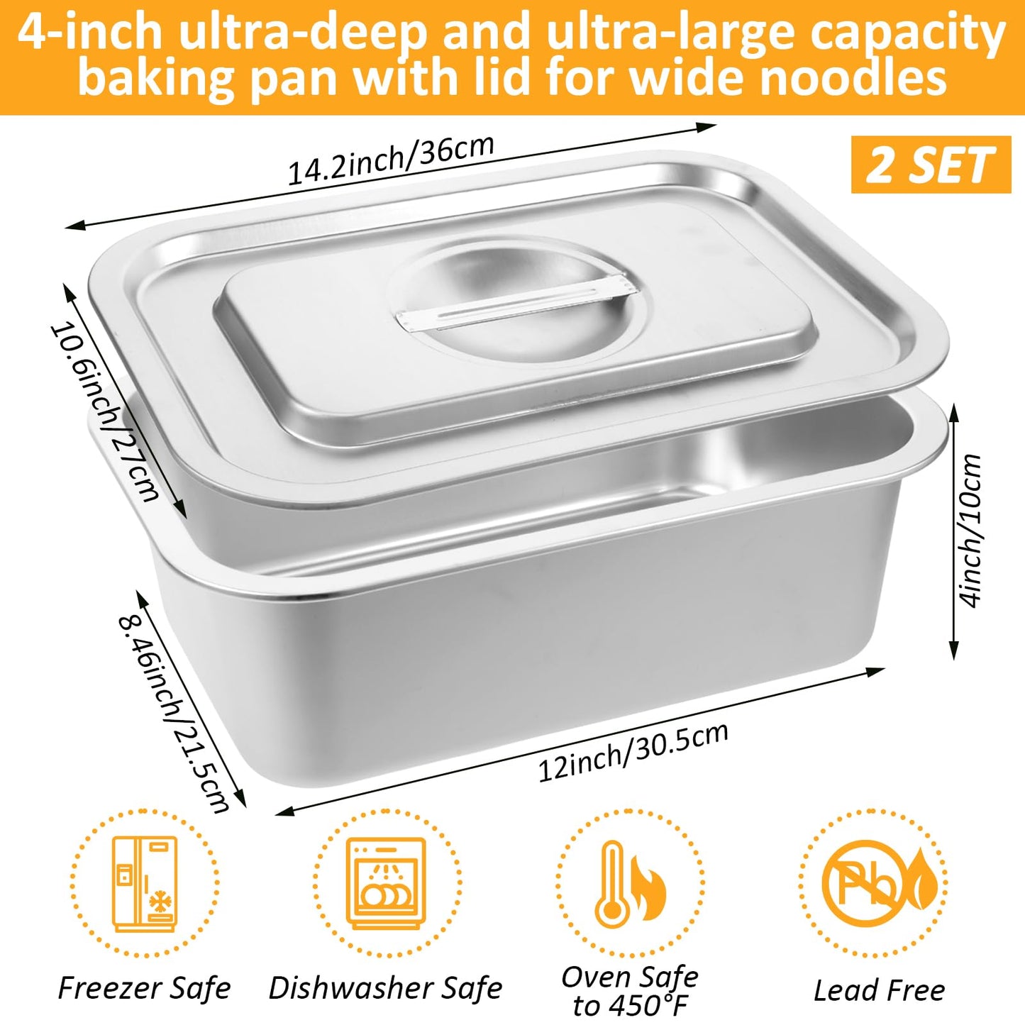 CODOHI 2 PACK 4 Inch Extra Deep Lasagna Baking Pan with Lid, 10.6x14.2 Inch 304 Stainless Steel Large Baking Dish Tray for Oven, Thick Metal Roasting Pan for Casserole Brownie Turkey (Silver, L)