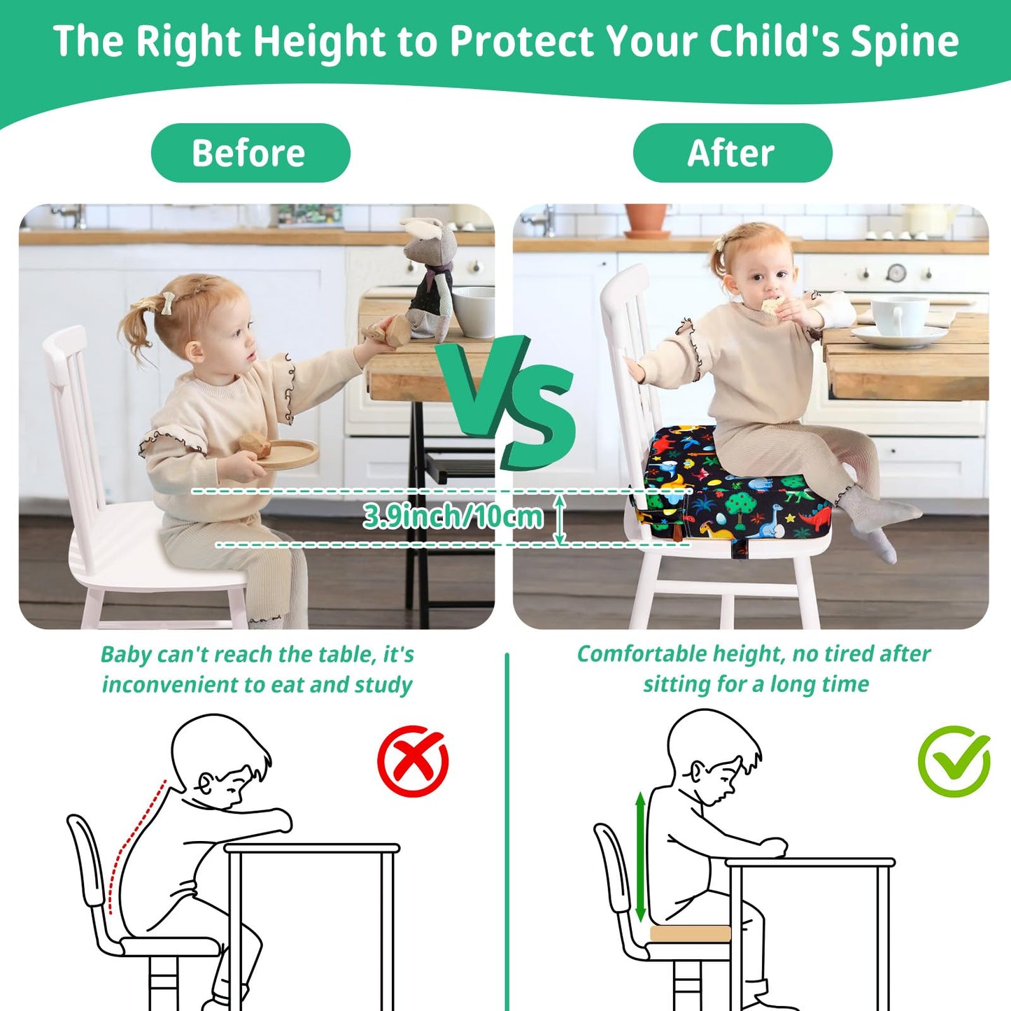 TOTIDYH Toddler Booster Seat for Kitchen Chair, Non-slip Kids Dining Table Booster Seat with Adjustable Safer Straps, Portable Baby Eating Travel Camping Increasing Cushion, Black Dinosaur