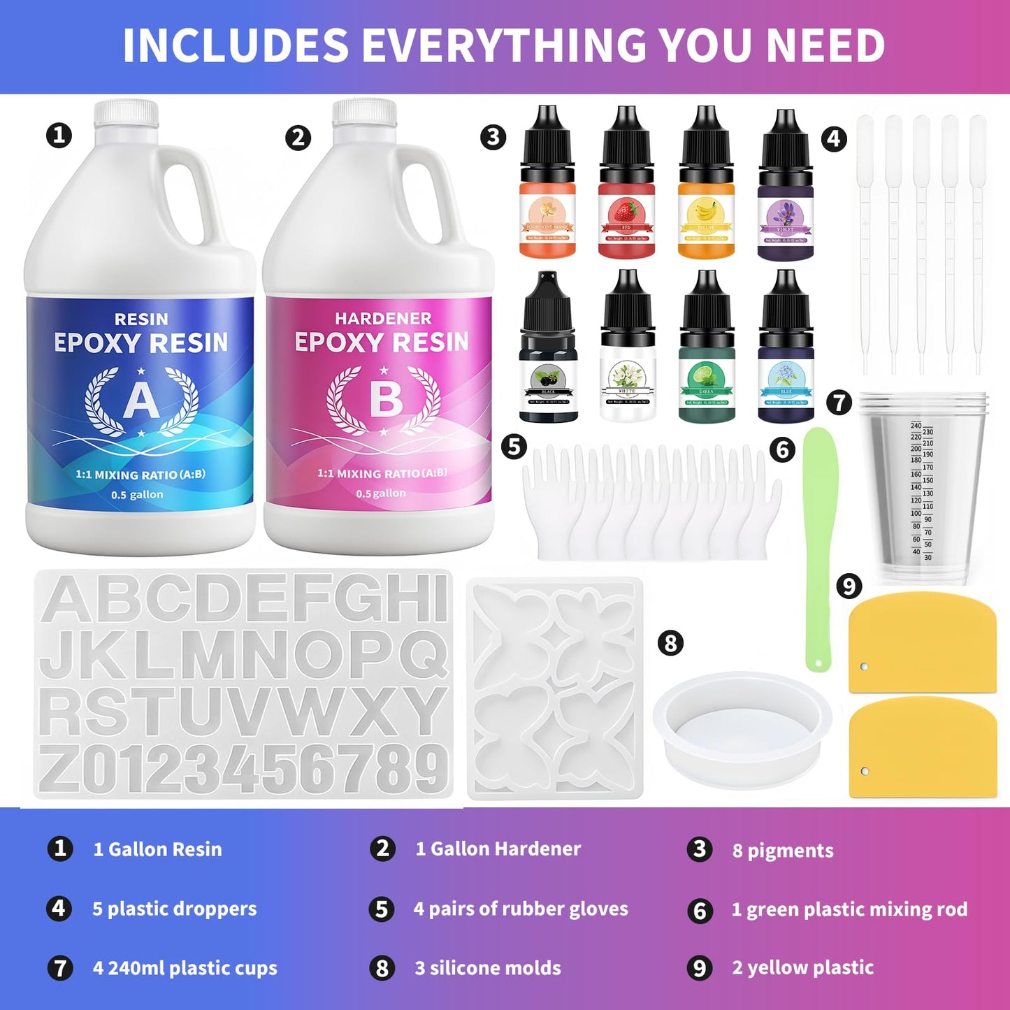 Minlebao Crystal Clear Epoxy Resin Kit 1 Gallon/3.8L, High Gloss Bubble-Free Coating & Casting for DIY Art, Accessory Making, River Tables - 1:1 Ratio with Measuring, Silicone Mold and Usage Tools (1gallon)