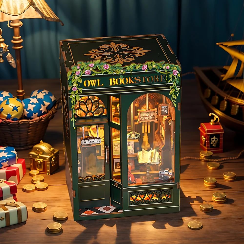 Cutefun Book Nook Kit, DIY Miniature House Kit for Bookshelf Decor, Book Nook Kits for Adults & Beginners, 3D Wooden Puzzle Dollhouse, Ideal Gift for Family and Friends - Owl Bookstore