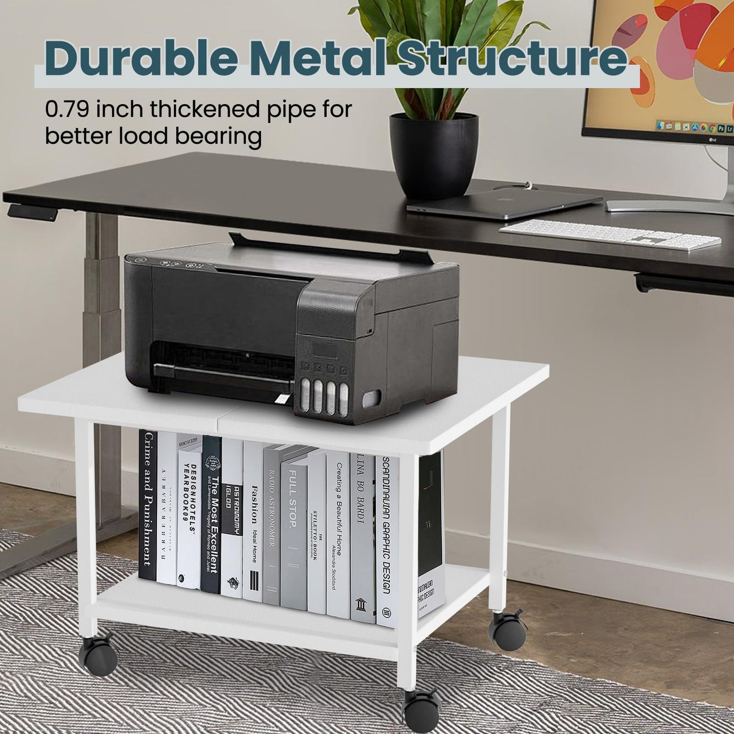 Printer Stand with Storage Under Desk Shelf, Desktop Printer Stand Organizer, Rolling Printer Cart Storage Paper Files Holder for Desk, Office, Home (White)
