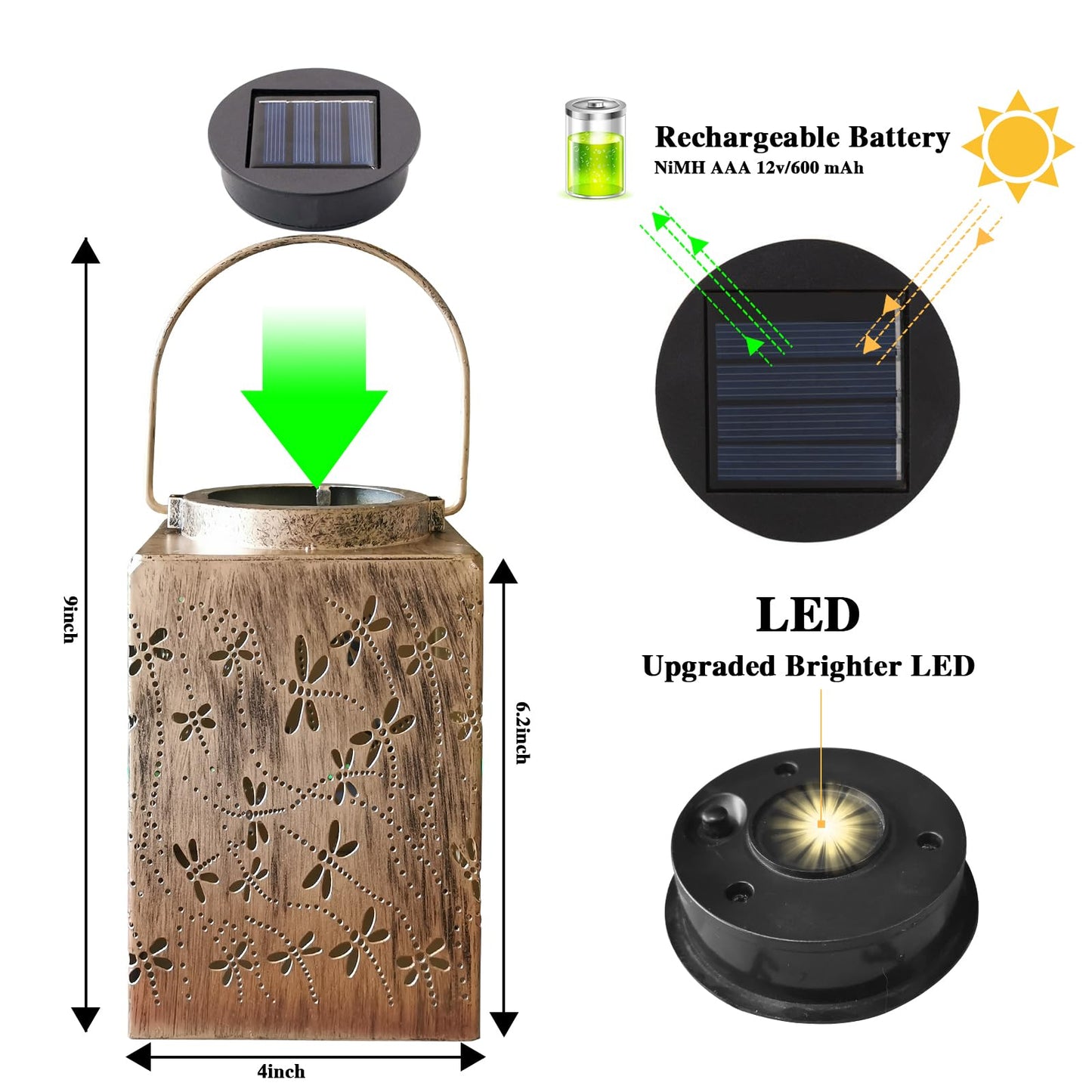 YWYWLED 2 Pack Solar Lanterns - Waterproof Metal Hanging Solar Lights Outdoor Decorative, Solar Powered LED Lamp for Patio Tabletop Porch Deck Yard Garden Decor for Outside (Dragonfly)