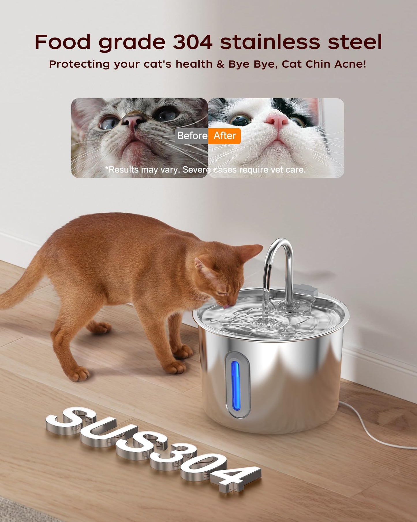Cat Water Fountain,Stainless Steel Pet Water Dispenser 74oz/2.2L Automatic Cat Fountian,Indoor Quiet Pump Pet Water Fountian,Includes 8 Filters and 8 Sponges