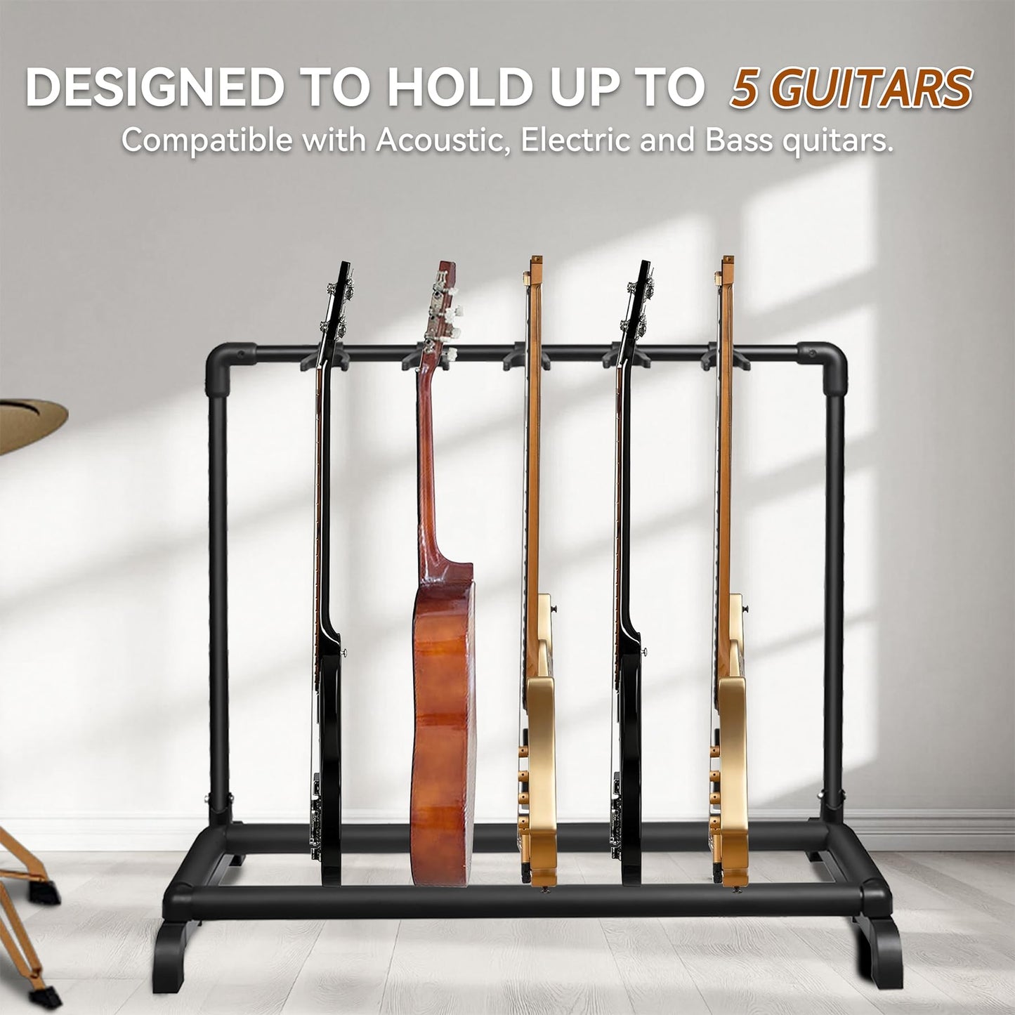 AZOR Multi Guitar Stand Folding 5 Holder Guitar Rack for Acoustic, Electric, and Bass Guitars - Soft Cushioning Sponge Protects Your Instruments - Durable and Stylish Design