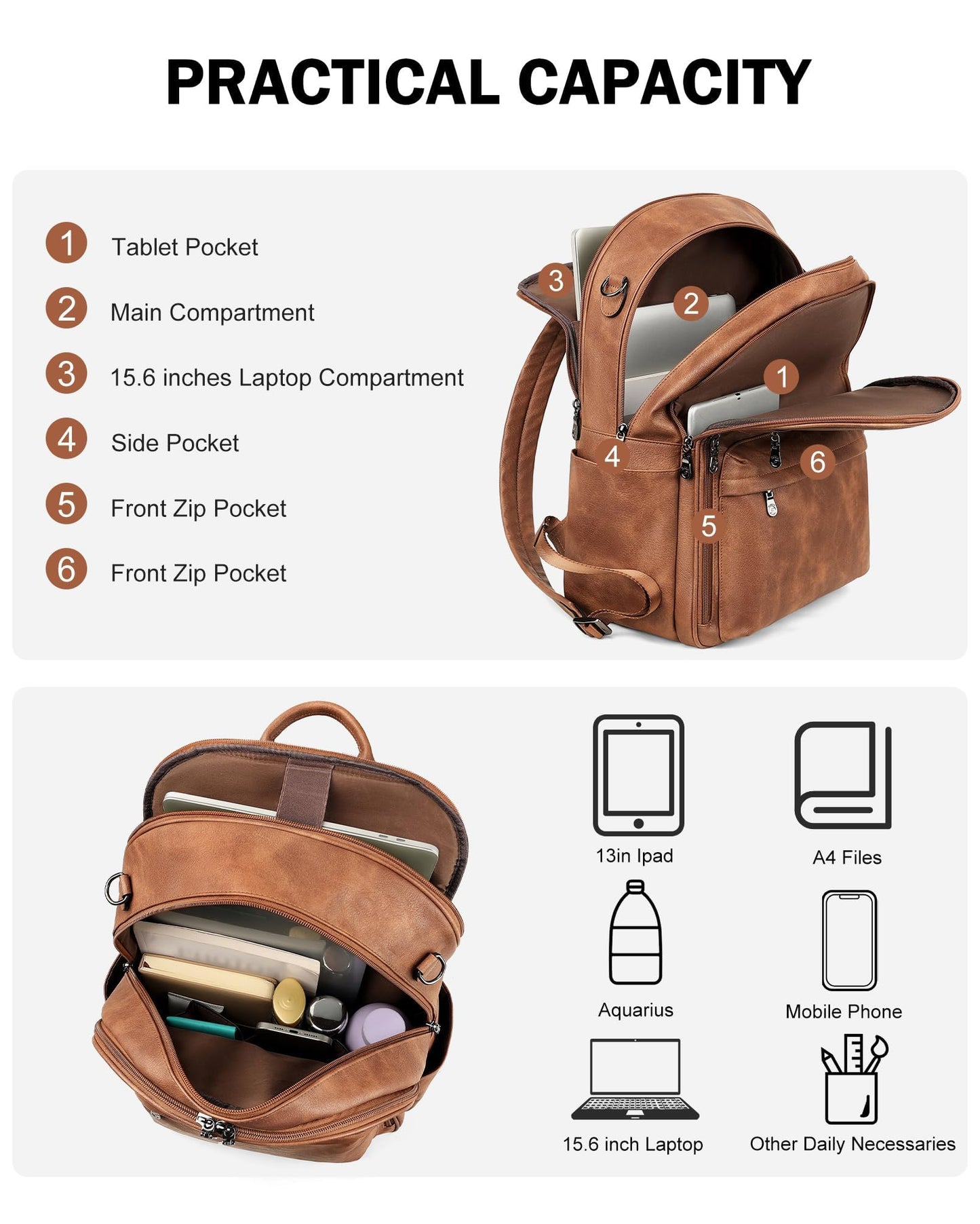 FADEON Laptop Backpack Purse for Women PU Leather 15.6 Computer Bag Desingner Travel Back Pack with Laptop Compartment, 1 Brown Retro Style, 12.6 x 6 x 17.1 inches, Leather Laptop Backpack Purse for