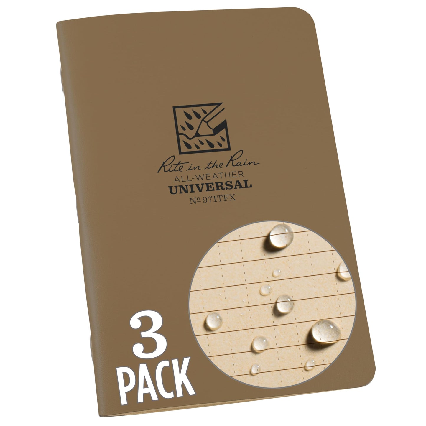 Rite in The Rain Weatherproof Stapled Notebook, 4.625" x 7", Tan Cover, Universal Pattern, 3 Pack (No. 971TFX)