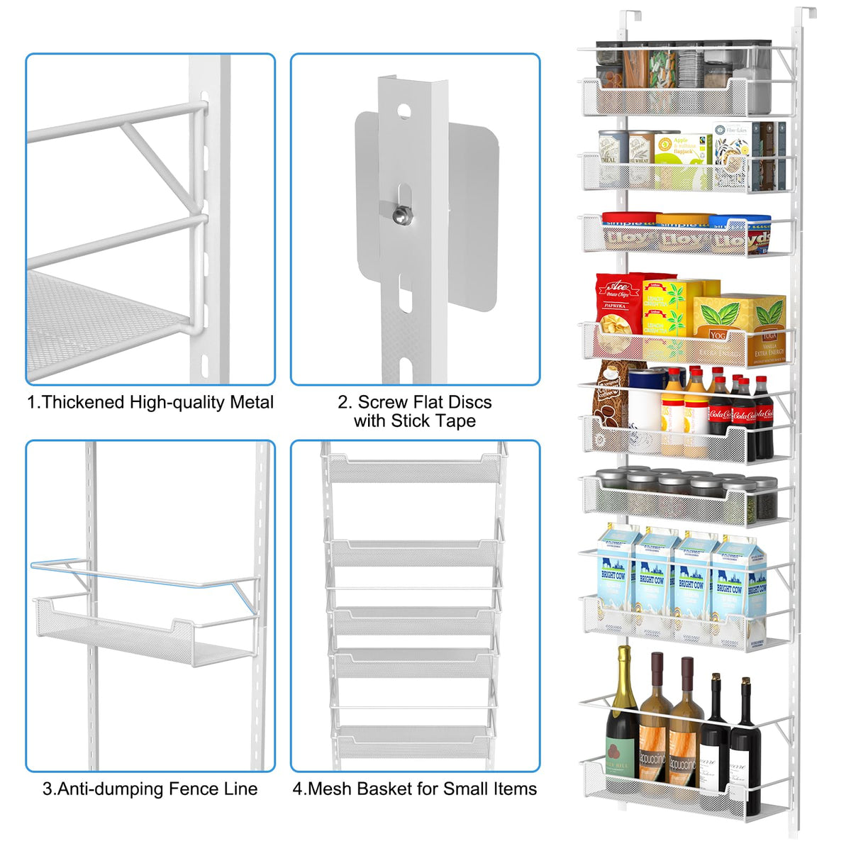 VyGrow 8-Tier Over the Door Pantry Organizer with Adjustable Basket, Pantry Door Organization for Pantry Kitchen Storage Room Spice Rack, White