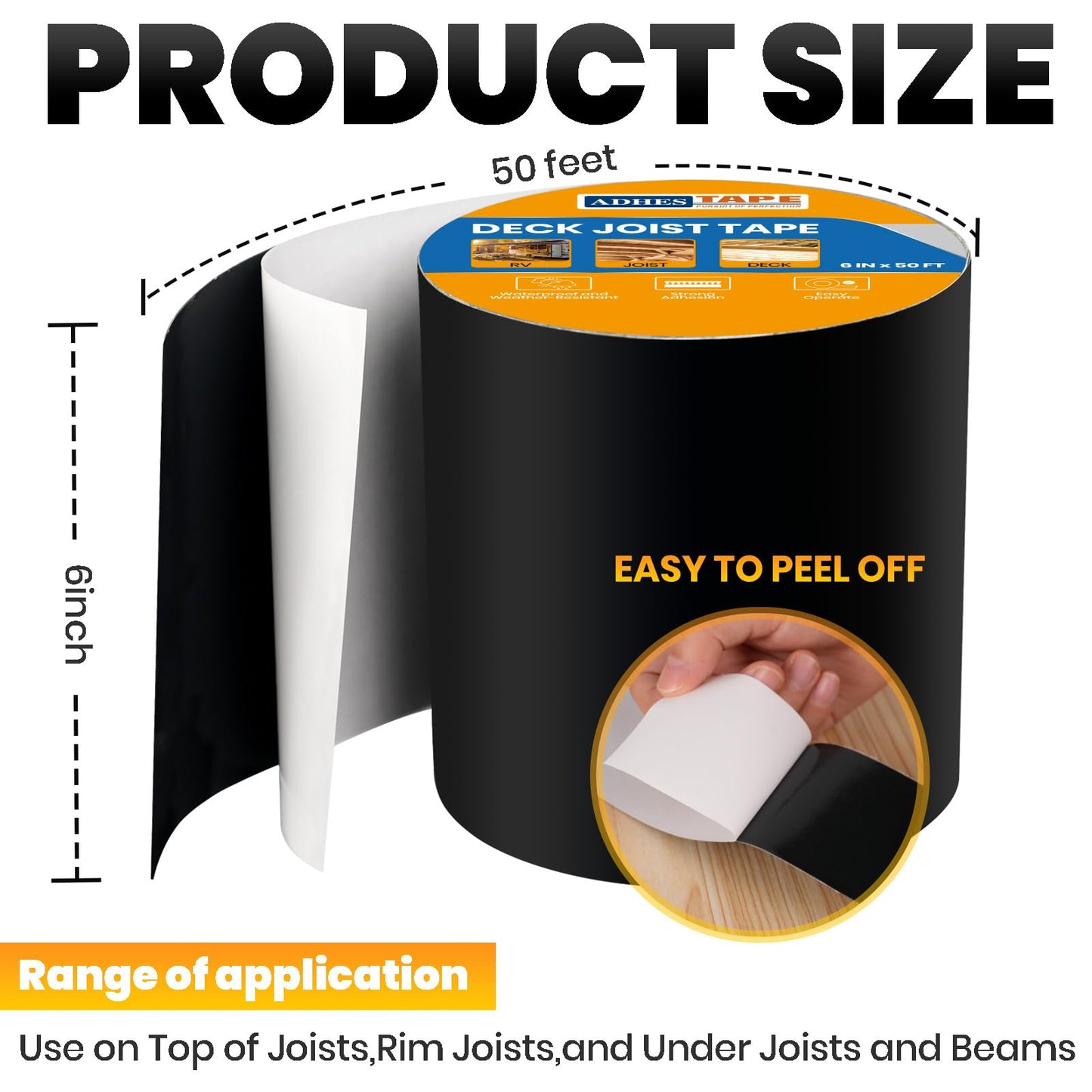 ADHES Tape Pursuit of Perfection 6" x 50' Weather Resistant & Waterproof Butyl Joist Tape for Decking, Deck Flashing Tape, Ideal for Wood Decks Beams Roof, Outdoor Construction Use