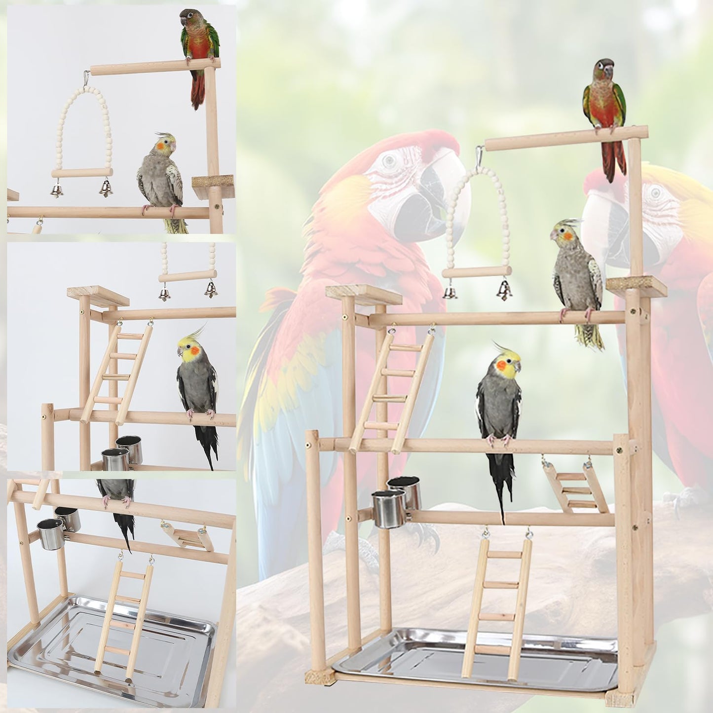 RoseFlower Wooden Bird Playground, Parrot Playstand with Perches, Ladder, Swing, Feeder Cups, Tray for Conure, Parakeets, Budgie, Cockatiels, Lovebirds