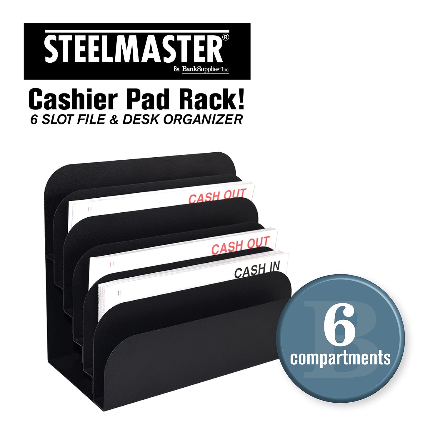 STEELMASTER by BankSupplies Steel Cashier Pad Rack – 6 Slot File & Desk Organizer, Paper Organizer, Black Powder Coat Finish, Scratch & Chip-Resistant - Forms, Applications, Deposit Slips & Checks