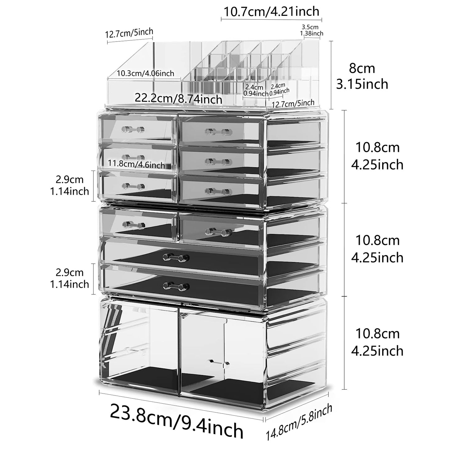 Readaeer Makeup Cosmetic Organizer Storage Drawers Display Boxes Case 12 Drawers （Clear）