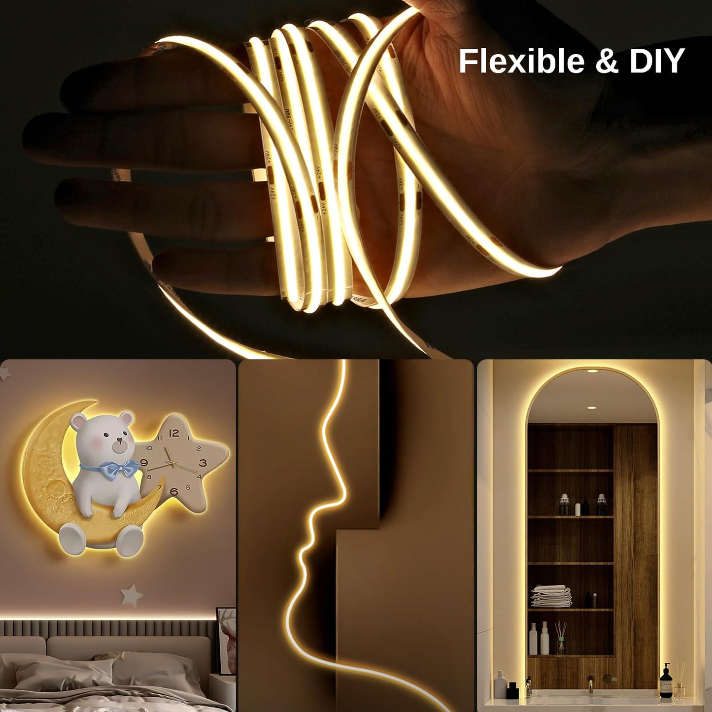 20M COB LED Strip Light with Remote, 3000K Dimmable Bright Warm White Led Lights Strip, Flexible DC24V Led Tape Light for Bedroom, Kitchen, DIY Lighting (2 Rolls of 10M)