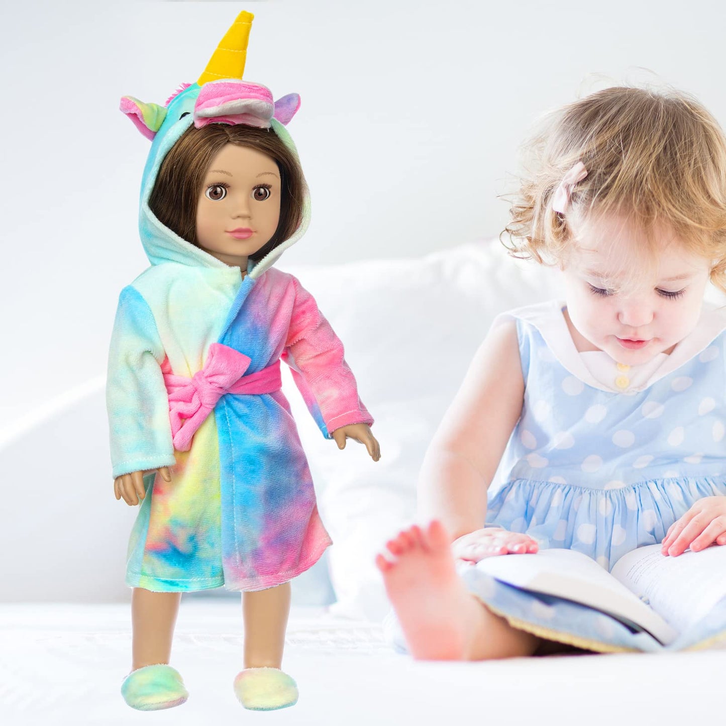 XFEYUE American 18 inch Doll Clothes and Doll Sleeping Bag Set - Rainbow Unicorn Doll Costume with Unicorn Style Sleeping Bag, Pillow, Eye Mask Slumber Party Accessories Fits 18 Inch Doll (No Doll)