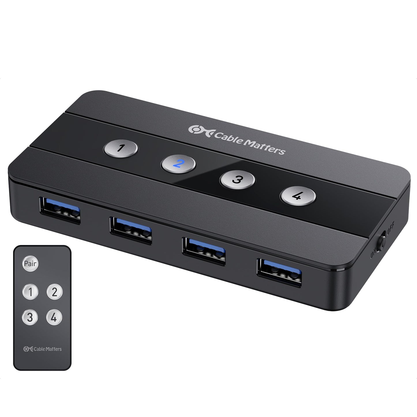 Cable Matters 4 Port USB 3.0 Switch Hub USB Sharing Switch for 4 Computers and USB Peripherals - Button or Wireless Remote Control Swapping - Includes a USB-C Adapter for USB-C and Thunderbolt 3