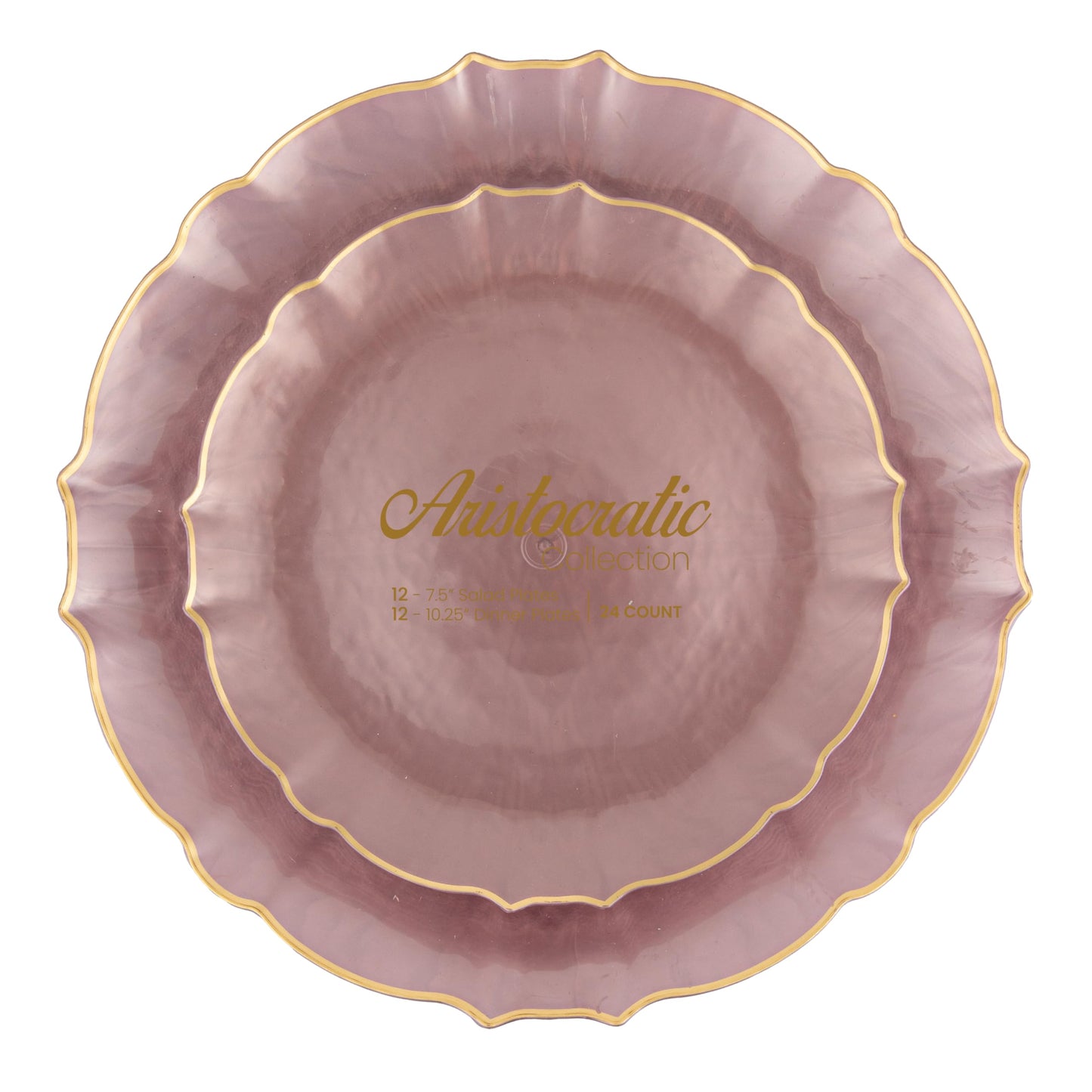 PLASTICPRO 48 Piece Aristocratic Combo Plastic Dinner Plates Disposable Plastic Fancy Heavy Duty Party Dishes 24, 7'' inch and 24, 10'' inch, Pearl Pink With Gold Rim