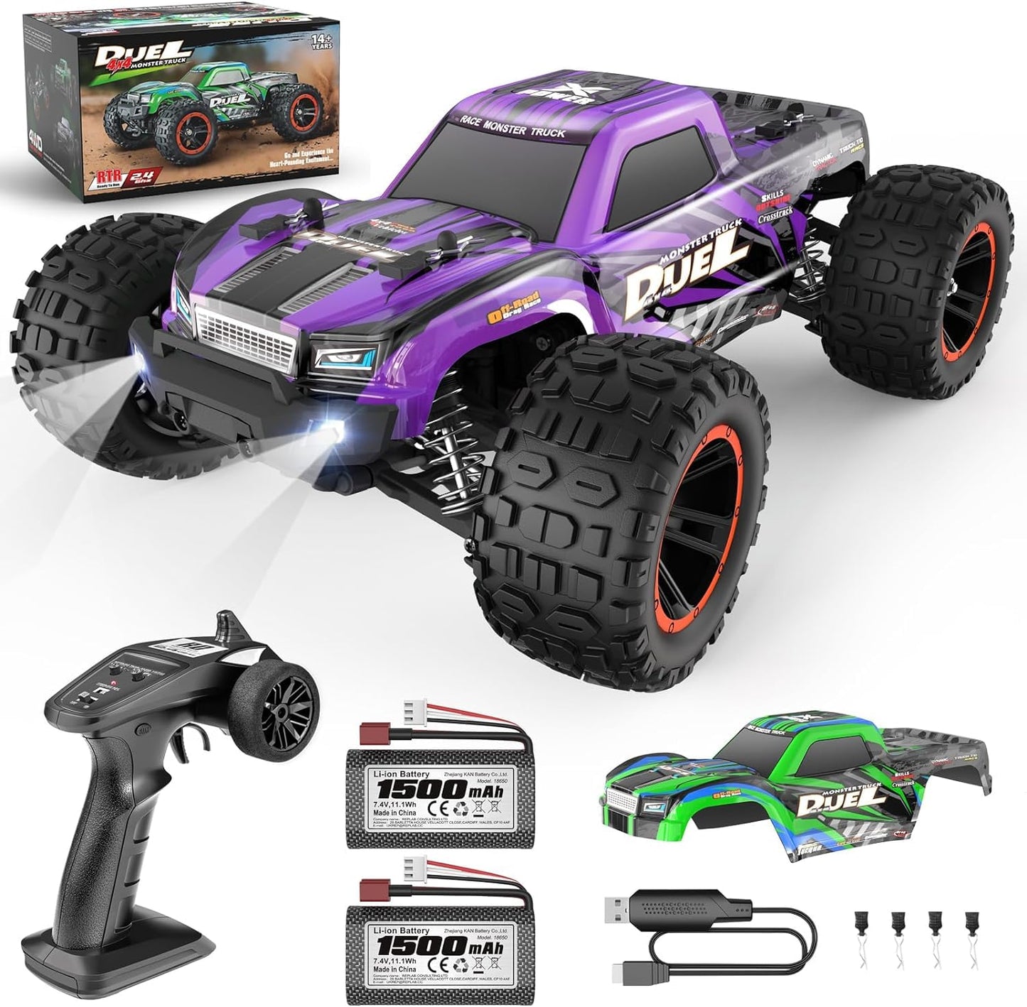 HAIBOXING 1:14 Scale RC Cars, 42km/h High-Speed 4WD Off-Road Waterproof RTR Hobby RC Truck with 2.4 GHz Remote Control for Adults & Boys, Electric Vehicle 2 Rechargeable Batteries, 2 Shells HBX2105