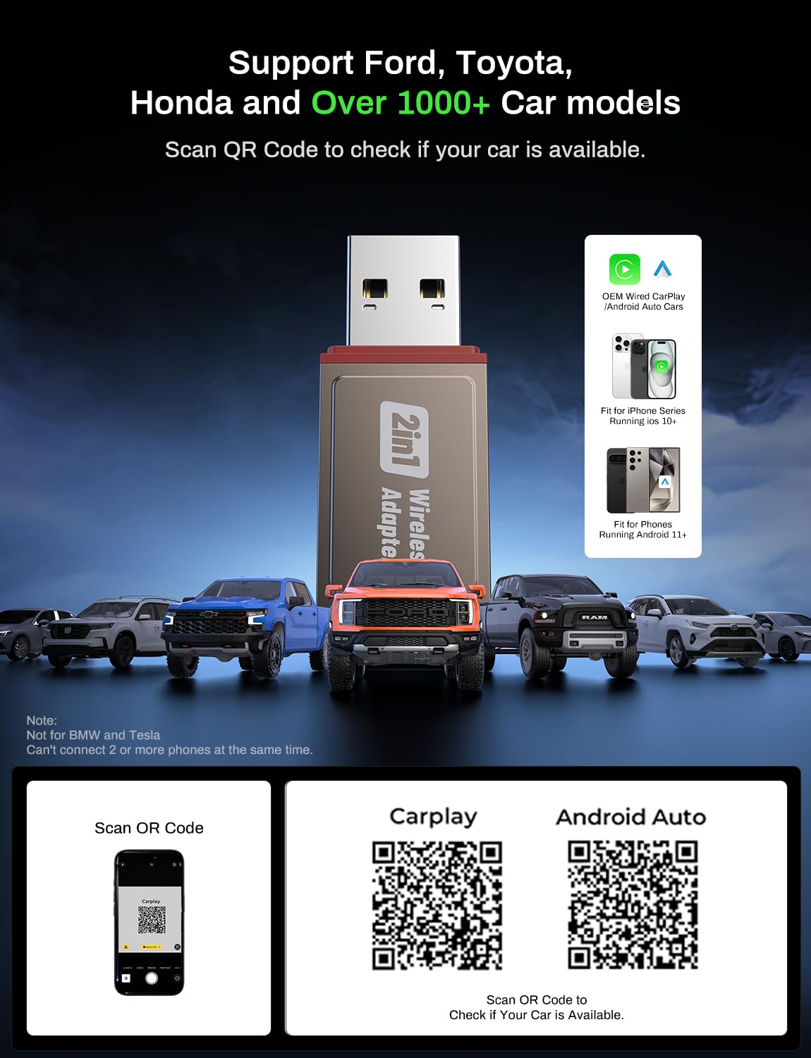 2-in-1 Wireless CarPlay Adapter Support Apple CarPlay & Android Auto, Mini Bluetooth USB A & USB C Dongle Convert Wired to Wireless Compatible with iPhone & Android