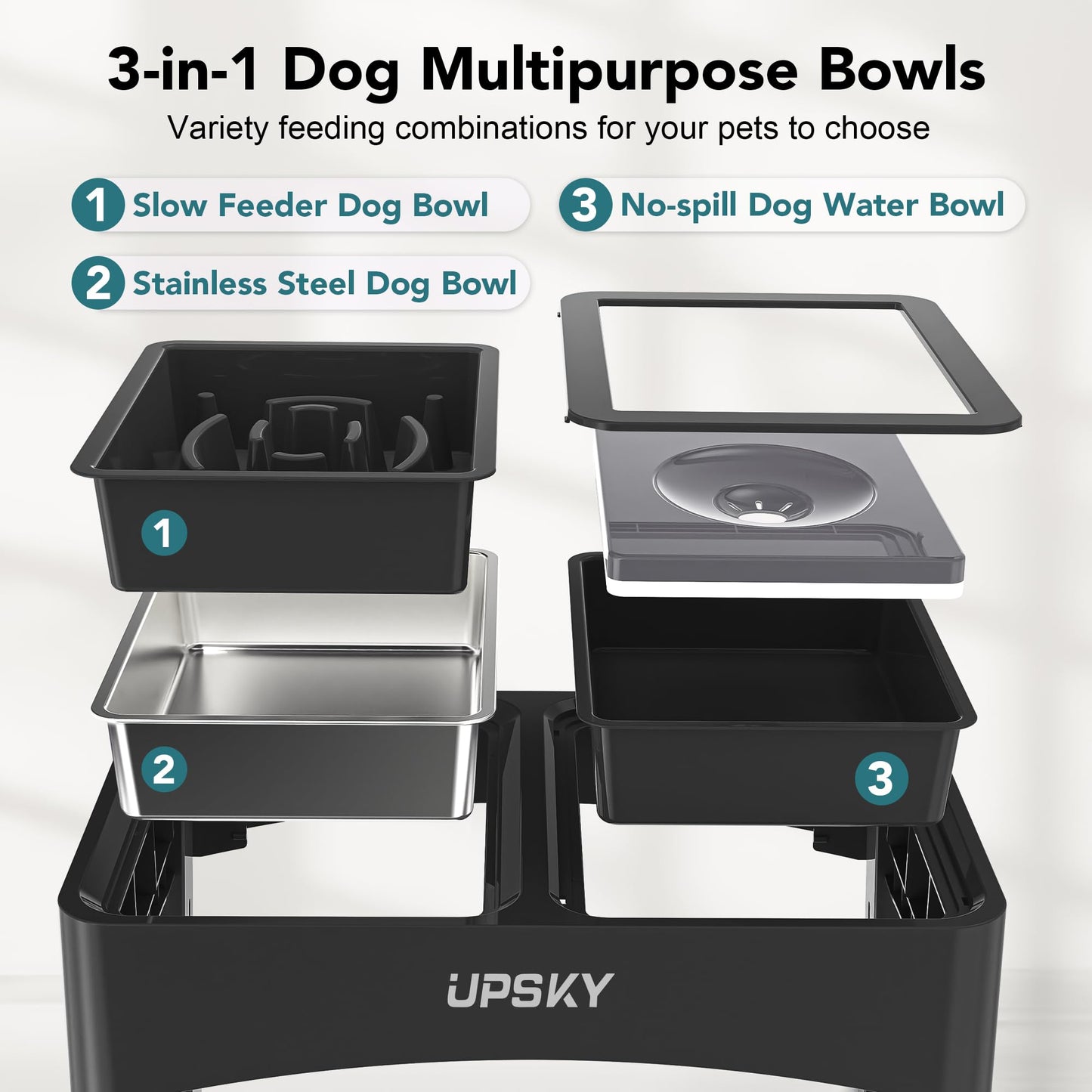 UPSKY 3-in-1 Elevated Dog Bowls Slow Feeder, 4 Height Adjustable Raised Dog Bowl Stand No Spill Dog Water Bowl Dispenser, Anti-Slip Dog Food and Water Bowl for Small Medium Dogs,Black