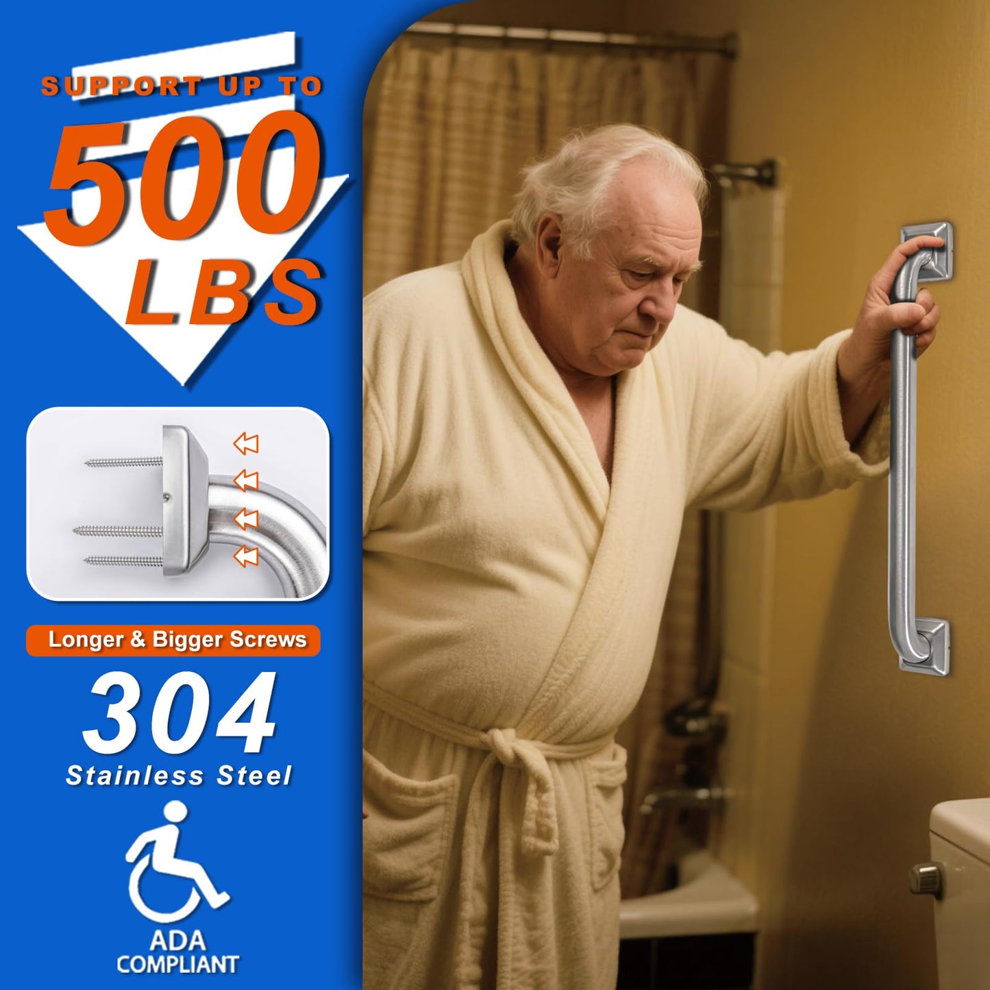 Bathroom Grab Bars Stainless Steel Handrail ADA Compliant 500lbs bathtubs and Showers Toilet Handle Safety for Handicap, Elderly, Disabled, Injury (24inches 2 Pack)