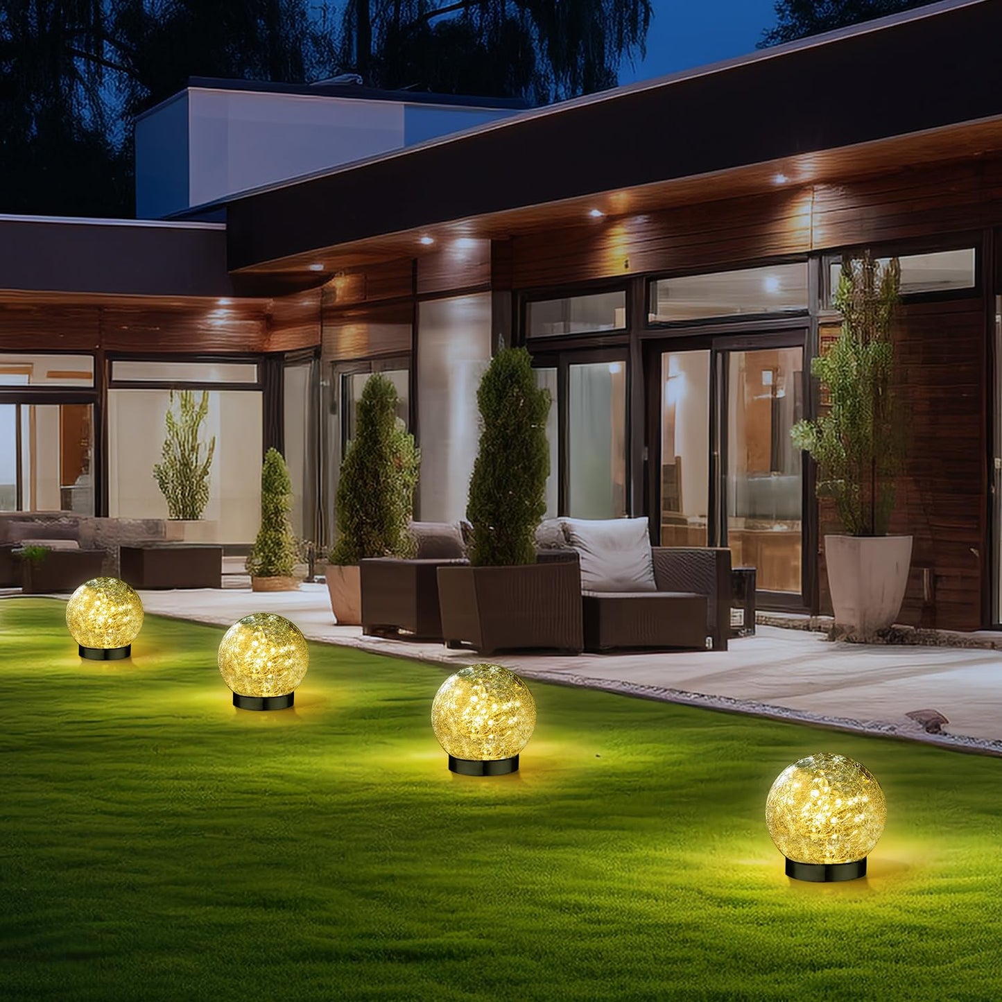 SyouHome Solar Garden Lights Outdoor Waterproof, 4 Pack 50 LEDs Cracked Glass Ball Light, Ground Landscape Garden Decor, Solar Globe Decorative for Pathway/Patio/Lawn/Yard (Warm White, 4.7")
