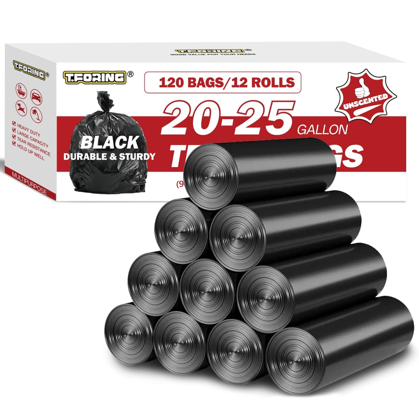 T.FORING Black Trash Bags 20-25 Gallon 120 Count -Large Kitchen Garbage Bags, Trash Can Liners Unscented, Multipurpose for Office,Home, Daily Household Use