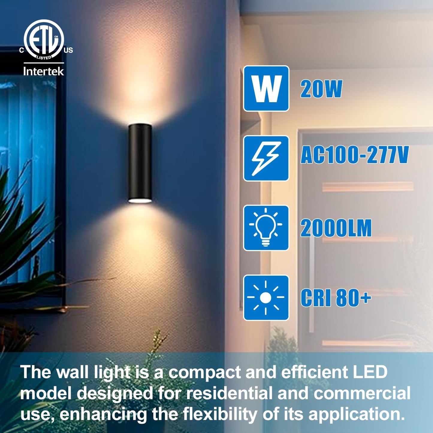 CSACCT LIGHT 20W Modern Outdoor Wall Lights, 2700K 3000K 3500K 4000K 5000K Waterproof LED Up Down Lighting, 2000LM Black Aluminum Cylinder Exterior Fixture for Home Porch Garage Patio, 2 Pack