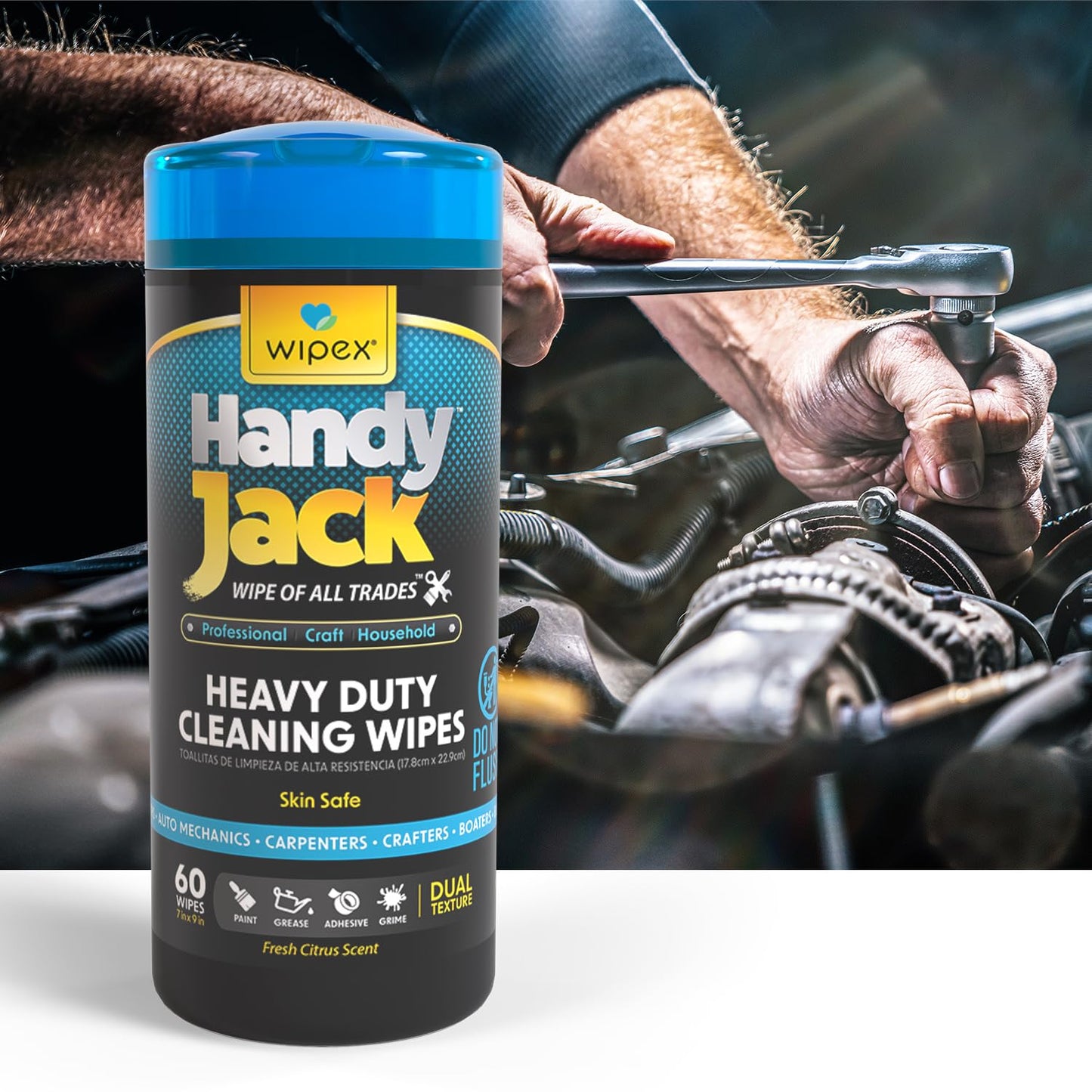 Wipex Handy Jack Heavy Duty Wipes, Dual Texture Cleaning Cloth – Used for Hands, Equipment, Tools, Garden, Automotive, Easily Removes Paint, Oil, Grease, & Dirt, 60 Count (Pack of 3)