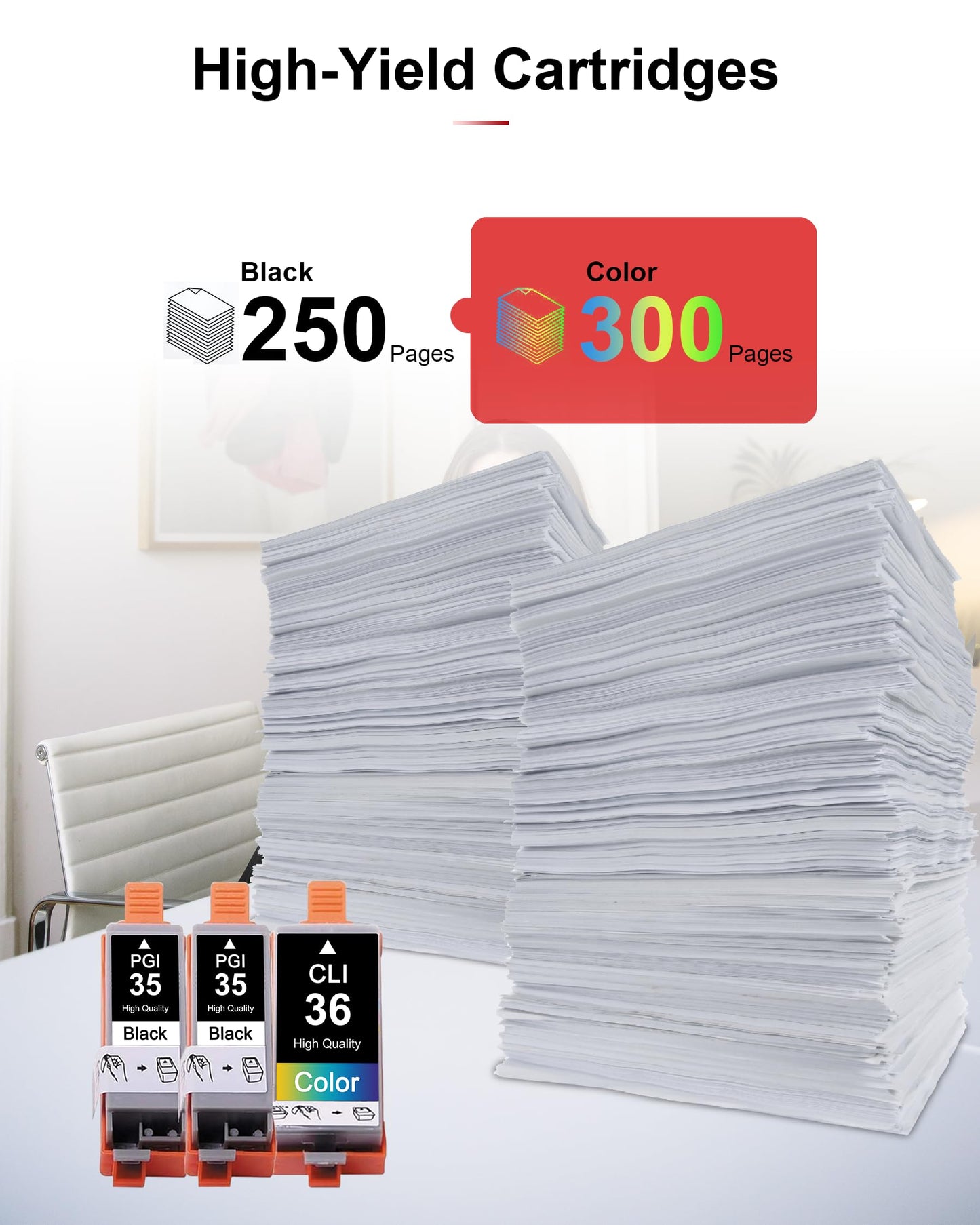 PGI-35 CLI-36 Ink Cartridges High Yield 3 Pack Replacement for Canon 35 36 Ink TR150 TR160 iP110 IP100 Mini260 Mini320 Printers (2Black / 1Tri-Color)