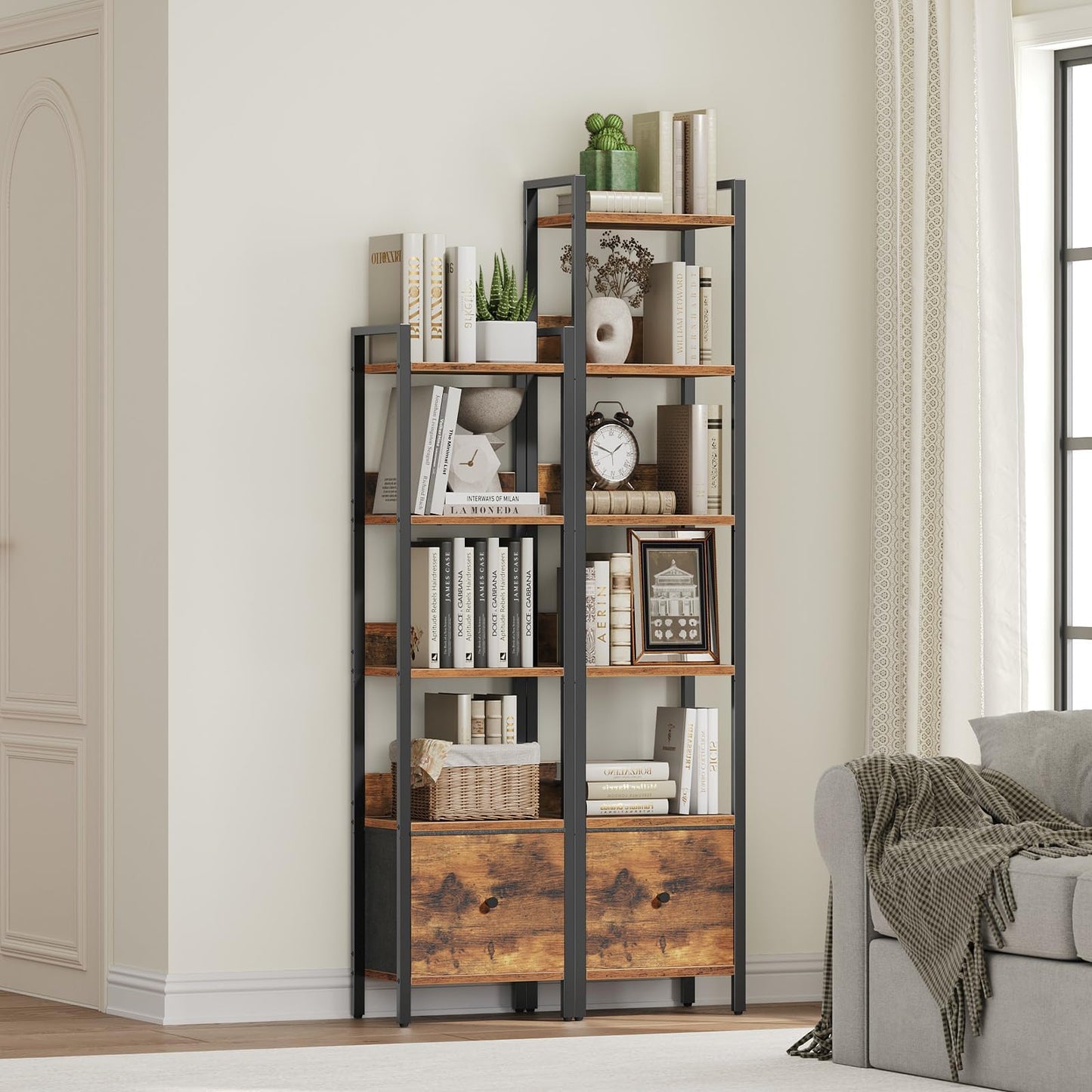 MAHANCRIS Bookshelf, 6 Tier Tall Narrow Bookcase with Drawer, Industrial Shelf Storage Organizer, Display Shelving Unit for Living Room, Home Office, Study, Rustic Brown and Black BKHR66101