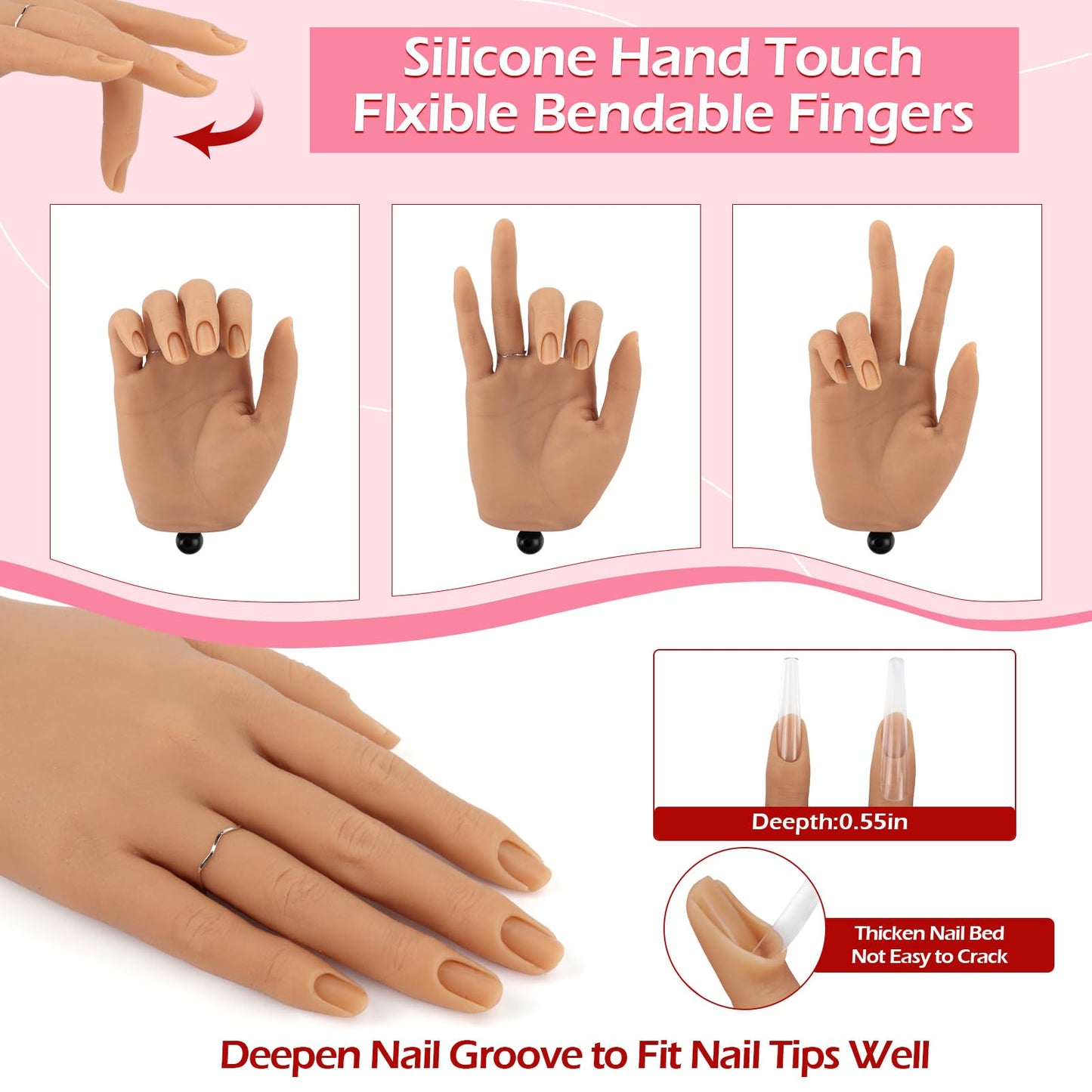 Silicone Practice Hand for Acrylic Nails,Flexible Bendable Nail Training Practice Hand,Life Size Soft Nail Mannequin Hand for Nails Practice Nail Tools Kit with 100pcs Practice Nail Tips,Clipper,File