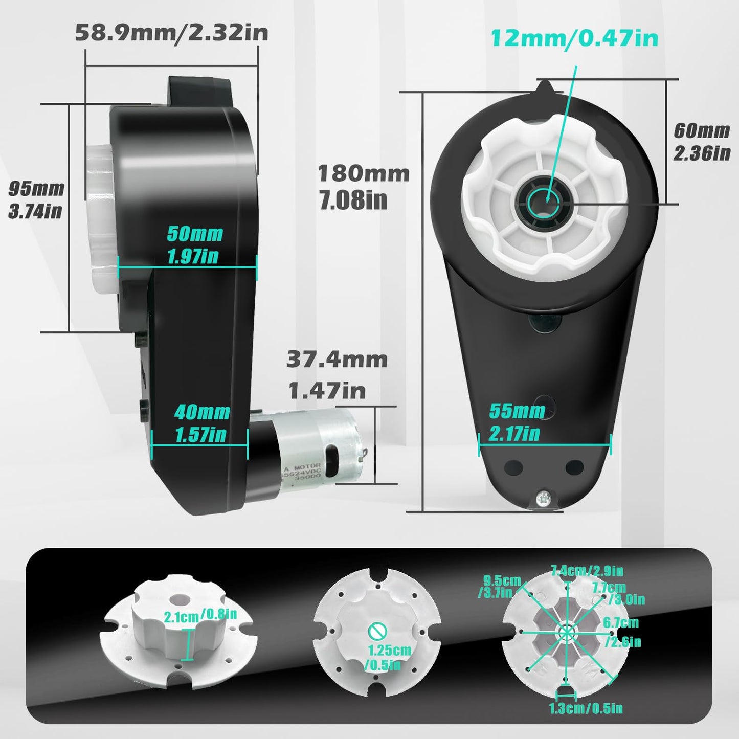 2PCS 24V RS555 35000RPM High-Speed Steel Gears Motor Gearbox for Power Wheels Kids Ride on Car Motor Upgrade,18V-24V Motor Conversion Kit,Coupler for Power Wheels Rubber Tire Upgrade Replacement Parts