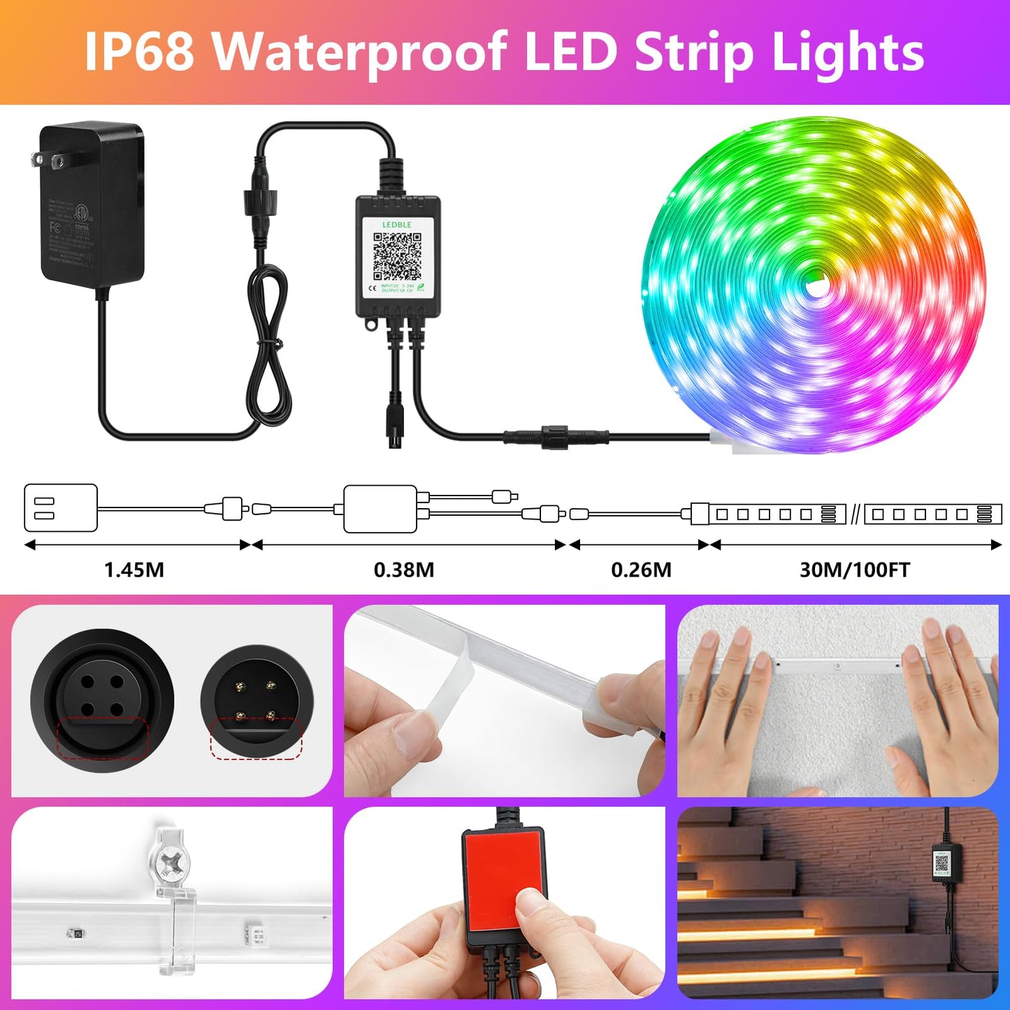 100Ft/30M Outdoor LED Strip Lights,Waterproof IP68 Ultra Long RGB Color Changing LED Lights with IR Remote and APP, 24V Music Sync Light Strips,Flexible Outdoor LED Tape Lights for Garden Terrace