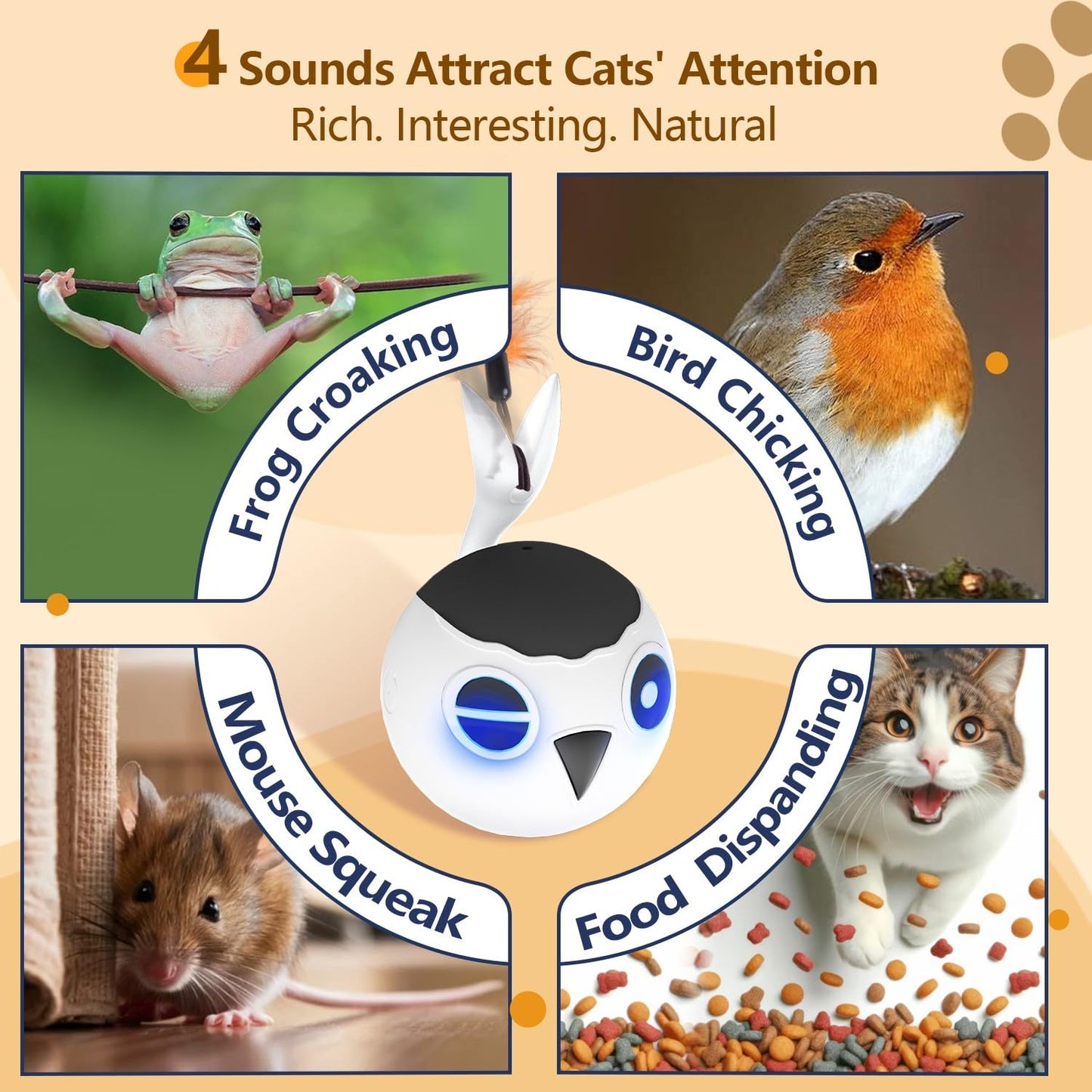 ORSDA Cat Toys, Interactive Cat Toy Ball for Indoor Cats, Automatic Moving Ball Bird Toy for Bored Indoor Adult Kitten, Motion Activated Fast Moving Chirping Stimulating Light, 2 Feather Tails