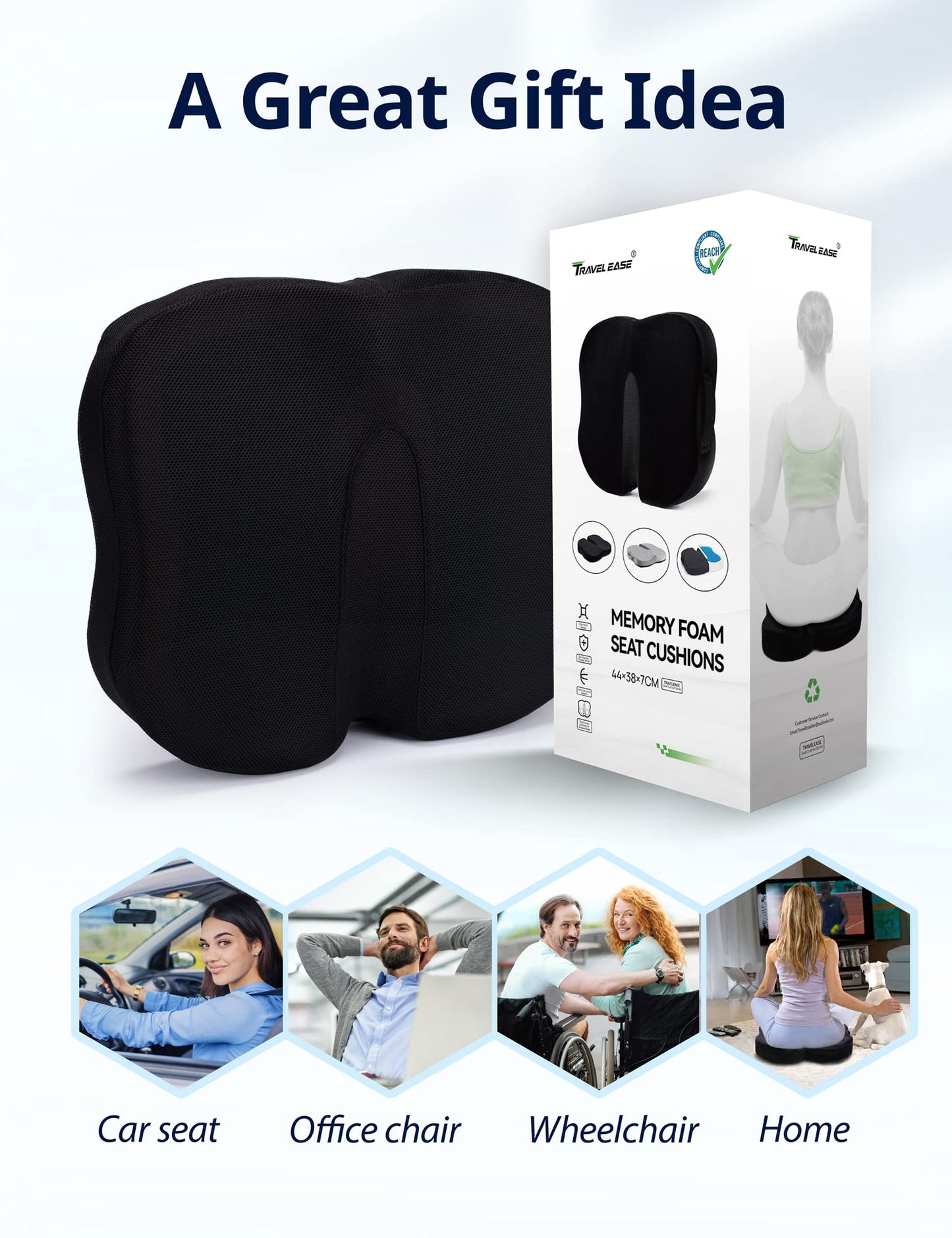 Travel Ease Gel Memory Foam Seat Cushion, Butterfly-Shape Seat Cushion for Long Hours Sitting Comfort, Butt Support Pillow for Office Chair, Car Seat, Dining Chair (Black)