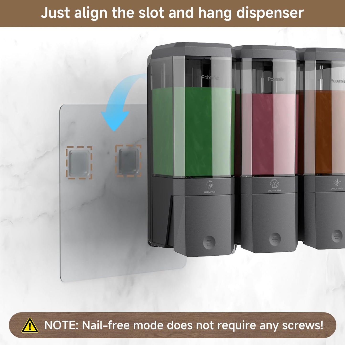 Shampoo and Conditioner Dispenser Wall Mounted, Shower Soap Dispenser No Drill Upadate Easy Slot Install, Shampoo Dispenser for Shower Bathroom Large Capacity 500ml * 3 Chamber Holder Gungray