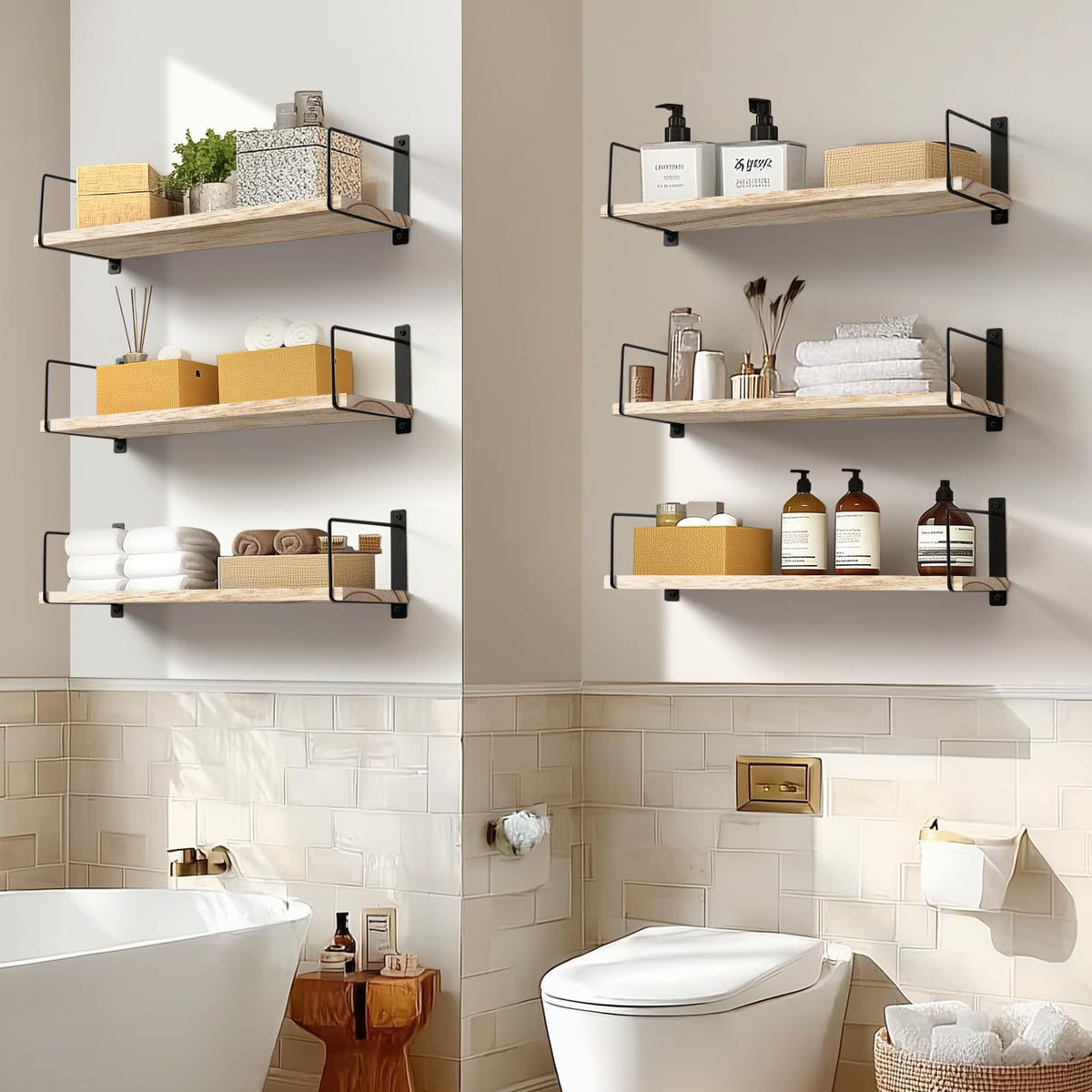 Floating Shelves Set of 3-24 Inch Rustic Wood Wall Shelves for Bedroom, Bathroom, Kitchen - Farmhouse Wall-Mounted Storage Shelves (Wood)