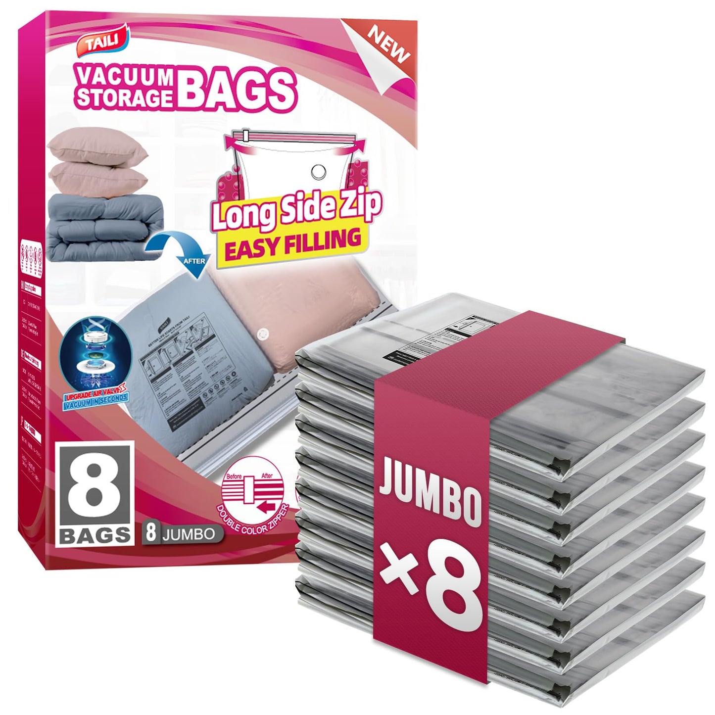 TAILI 8 Pack Vacuum Storage Bags, Jumbo Size 39x28 inch, LONG SIDE ZIP Vacuum Seal Bags for Beddings, Extra Large Storage Space Saver for Clothing, Comforters, Blankets, Pillows